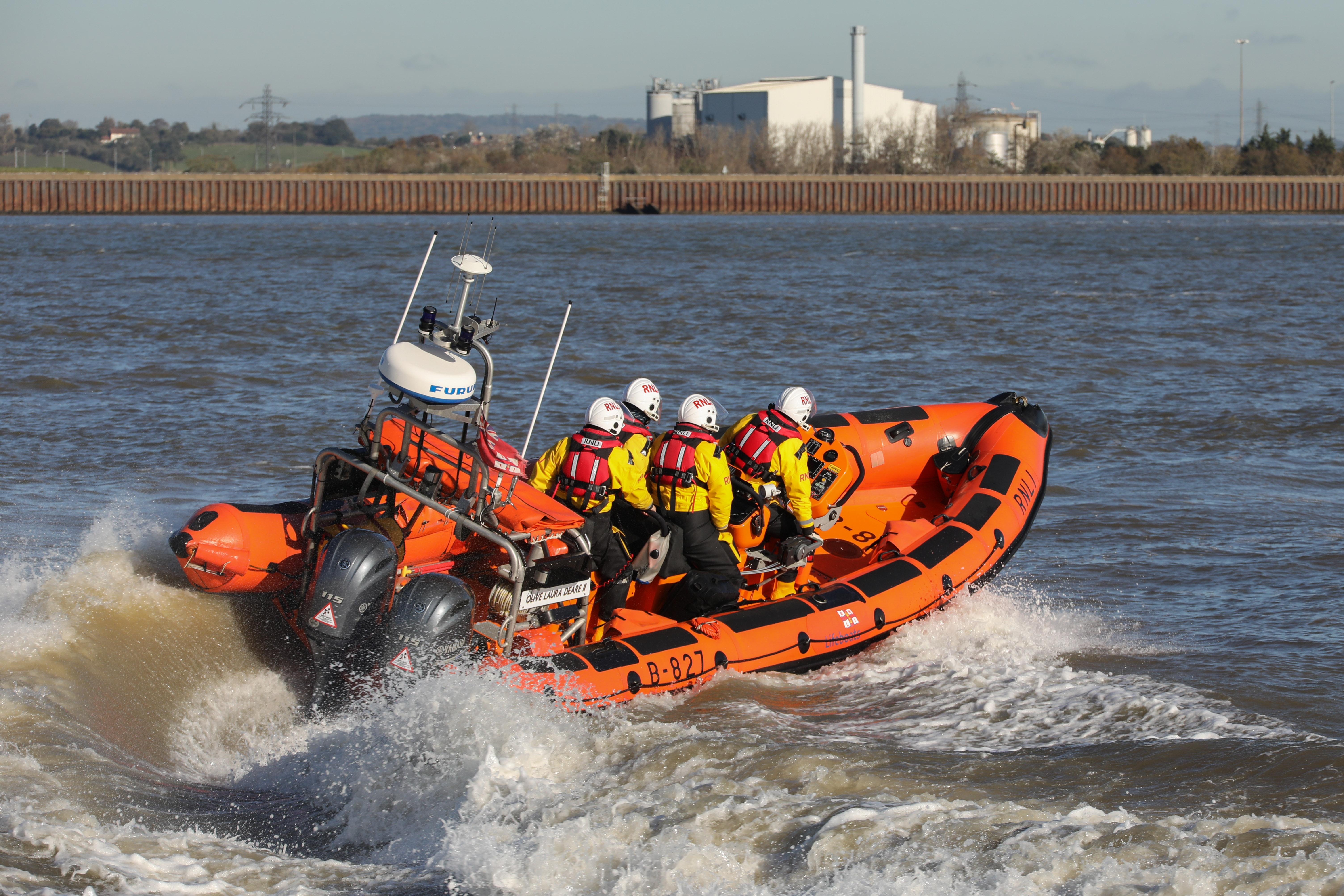 Gravesend RNLI's Atlantic 85 Lifeboat in the River Thames moving at Speed