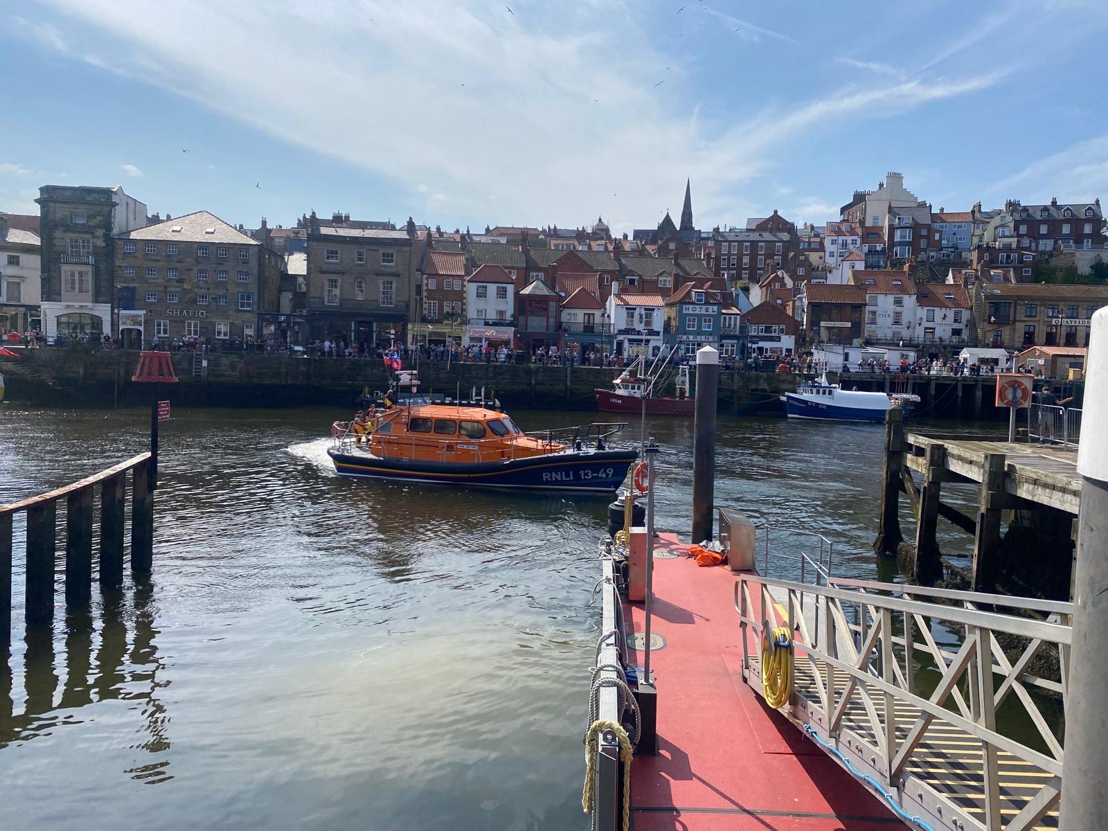 Whitby's all weather lifeboat setting off to rescue the stranded pleasureboat today, Tuesday 30 July