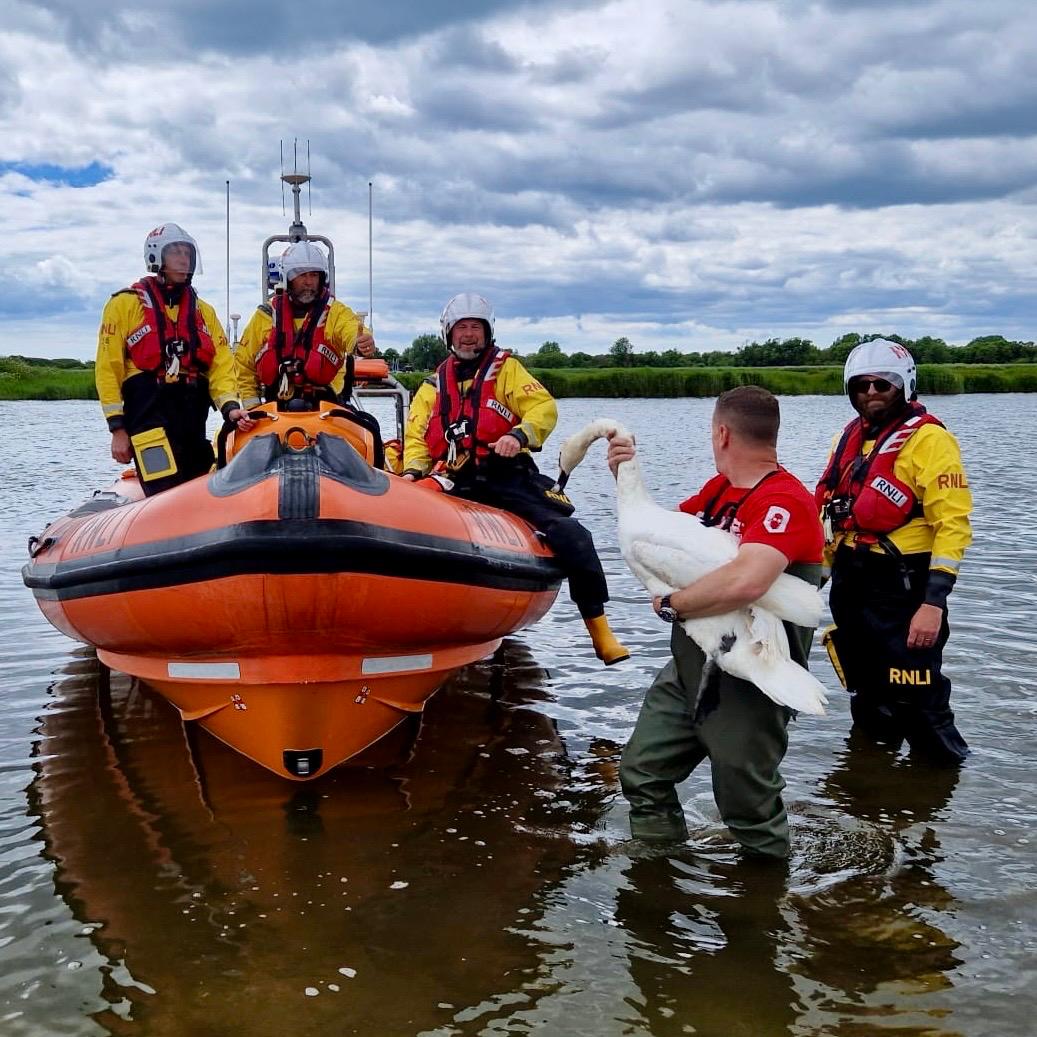 Orange lifeboat and 4 Mudeford RNLI crew with a man holding a swan.