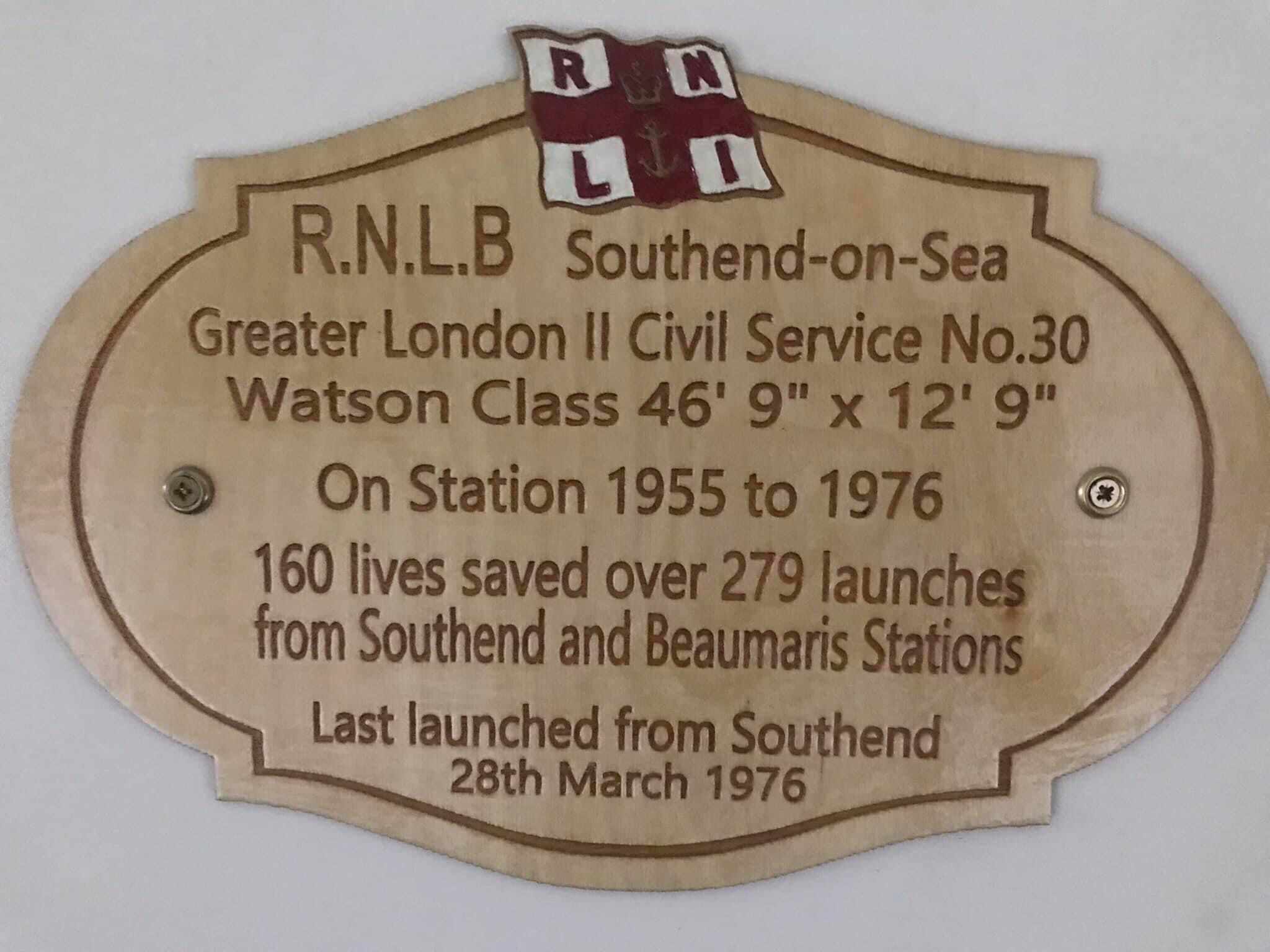 A plaque of the details and history of Greater London II service with the RNLI