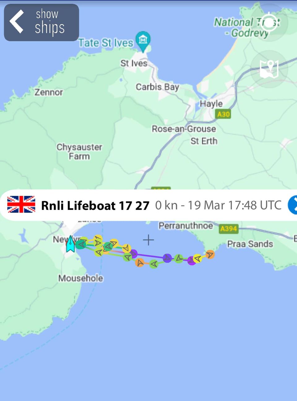 Shows the track of the lifeboat to Prussia Cove