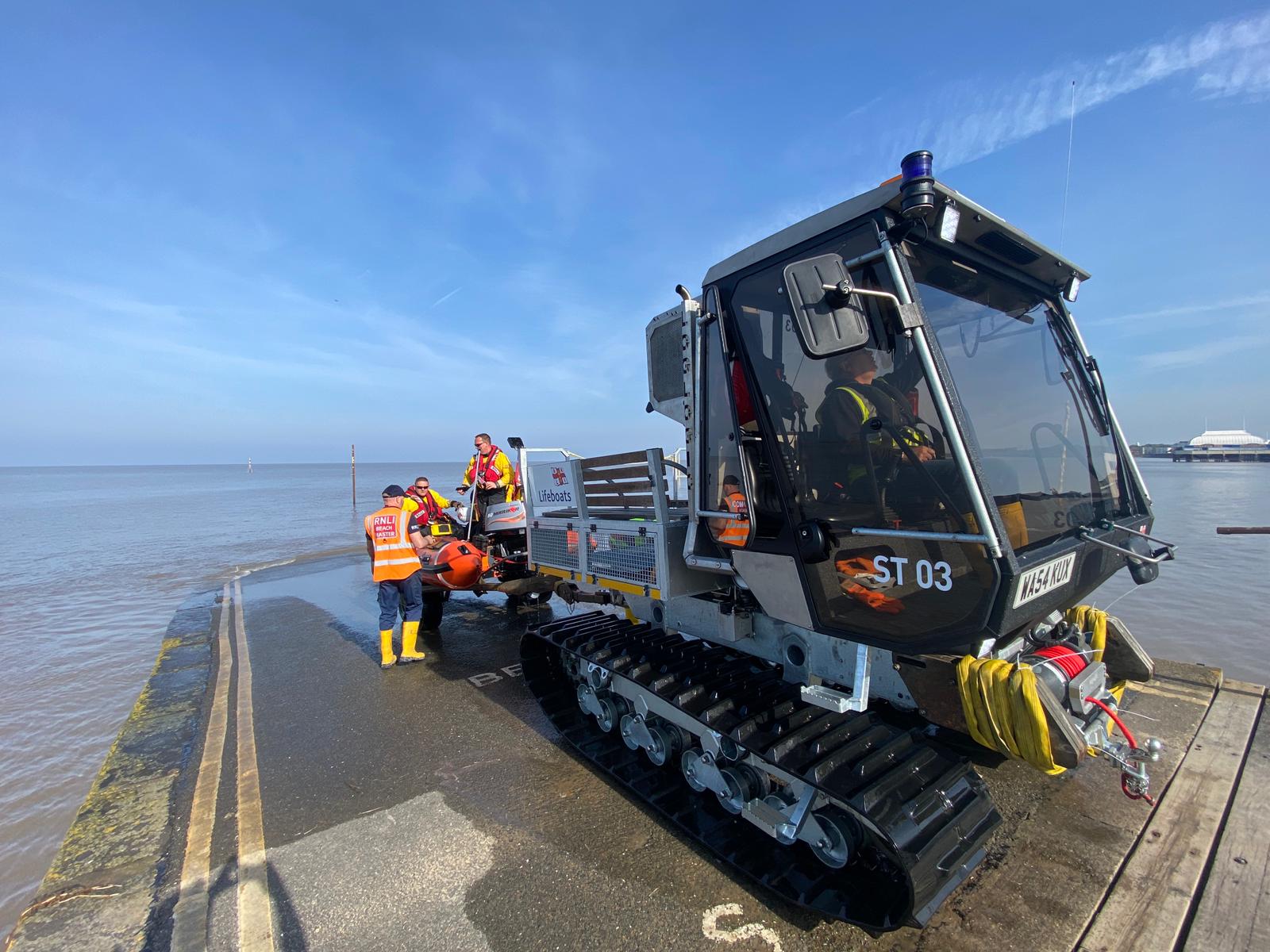 Burnham's Softtrak launch tractor on Burnham jetty after recovery