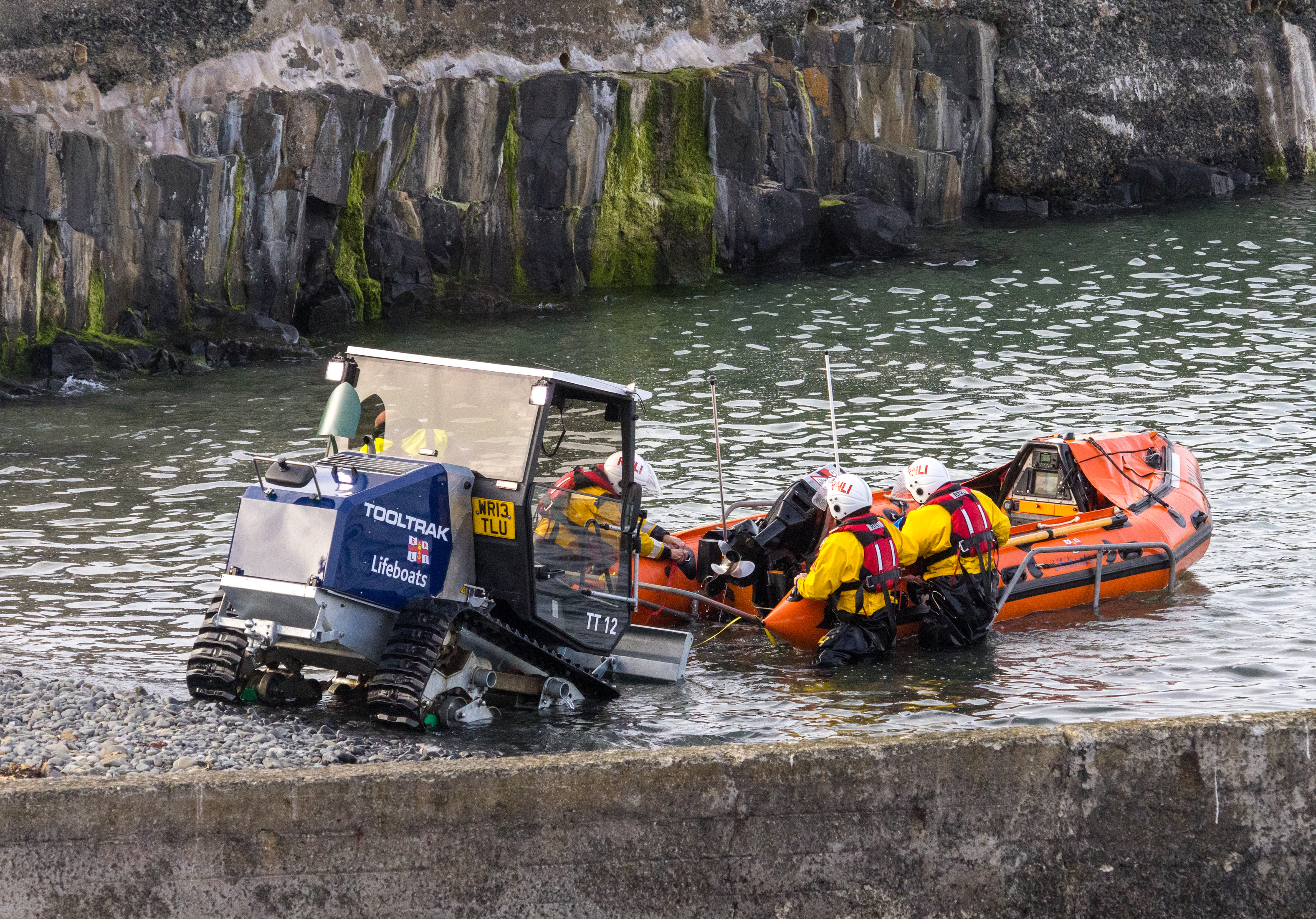 The RNLI Lifeboat being recovered on the slipway.