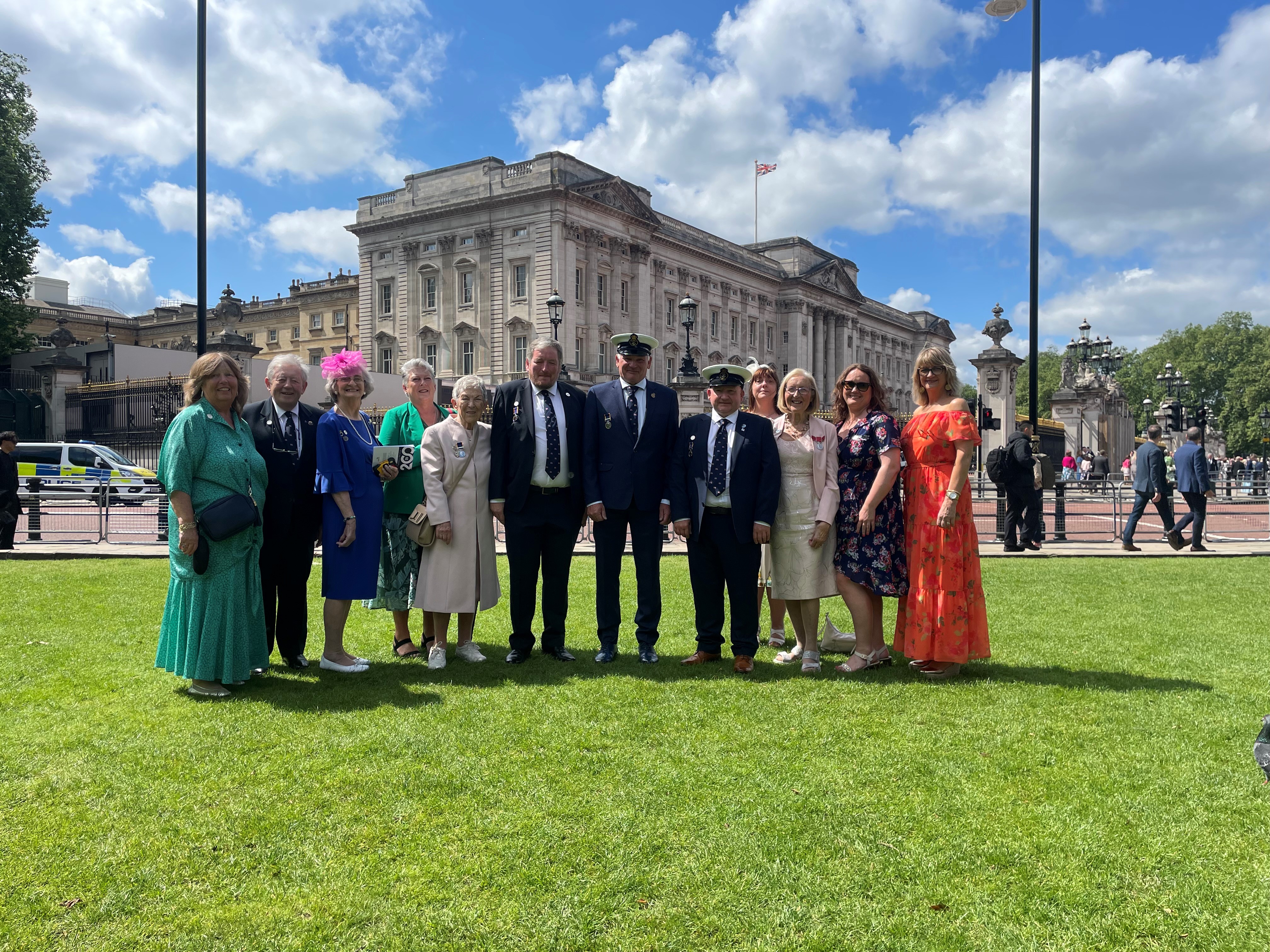 Group Photo, left to right, Liz Brown, Jim Brown, Linda Davidson, Gail Skeats, Edna Robinson, Ross Bennett, Philip McNamara, John Ashwood, Evelyn Bennett BEM, Nicola McKernan, Margaret Ramm, Avril Fulton