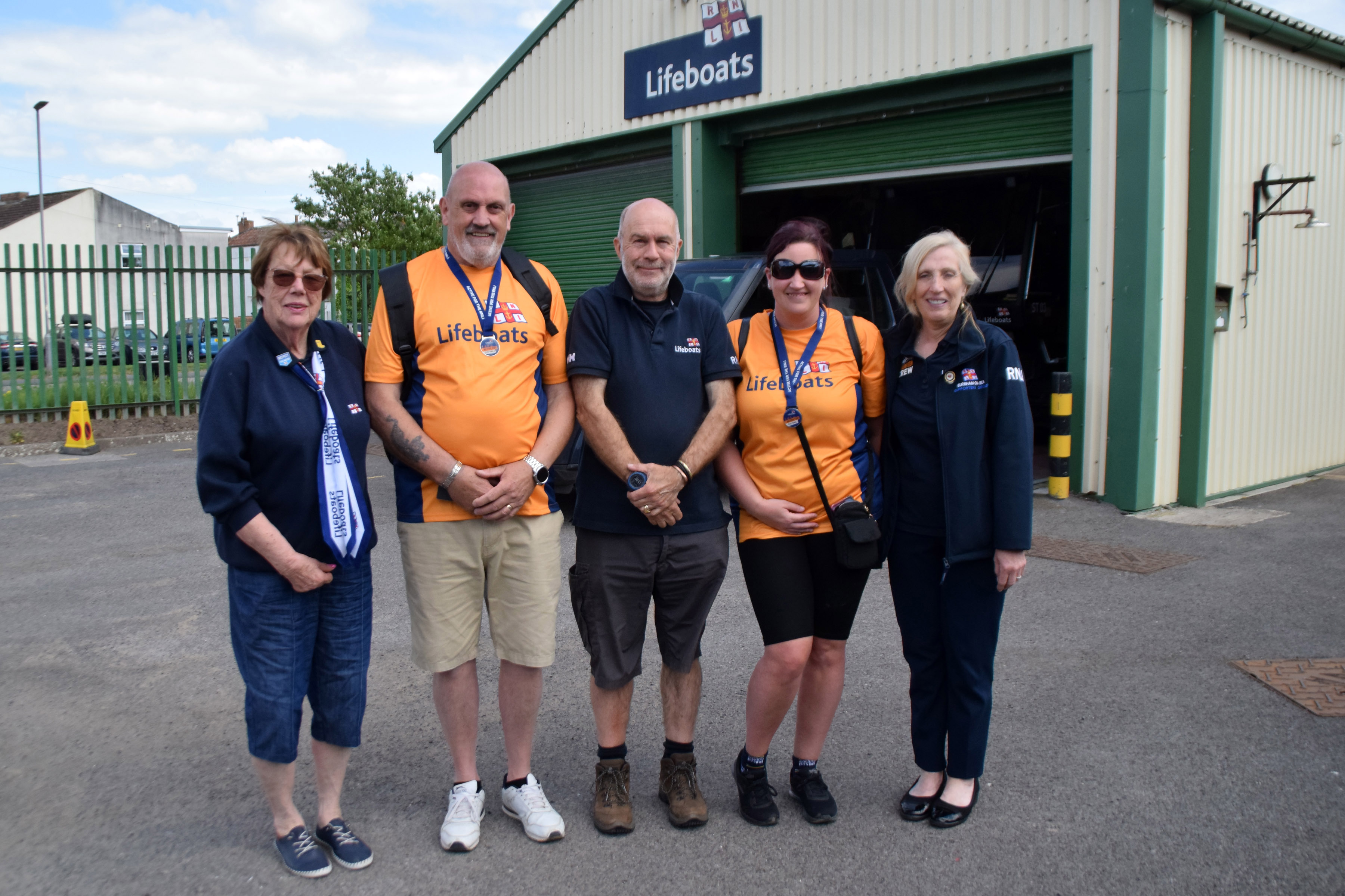 Tresurer Jan Pearce, Royston Elmes, Duty Launch Authority Nigel Mortom, Lisa Smith, and fundraising Chair Denise Gocher at Burnham RNLIlifeboat station