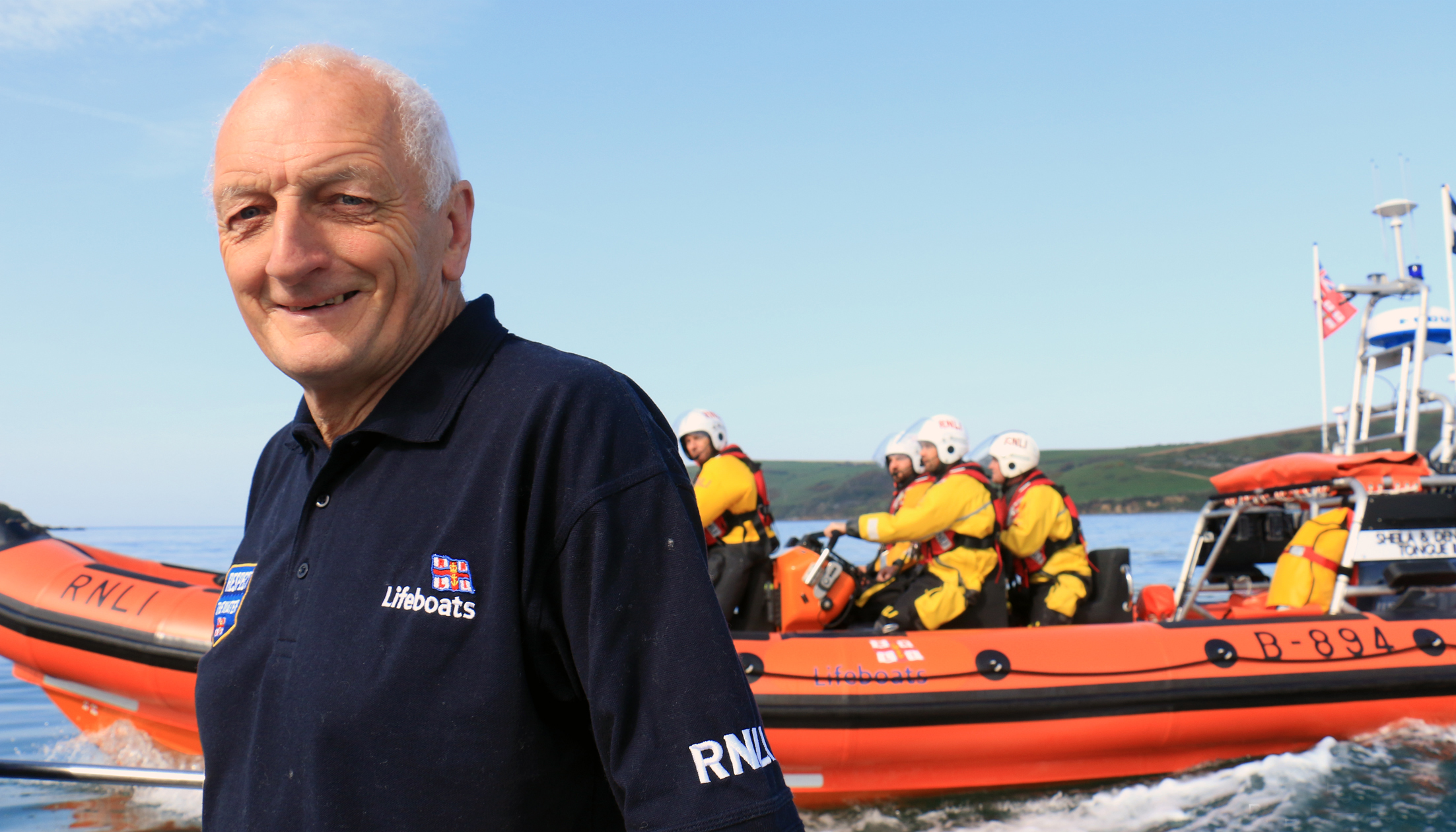 Dave Haines on his boat Emma Louise with the charity’s Atlantic 85 Sheila and Dennis Tongue II in Looe bay
