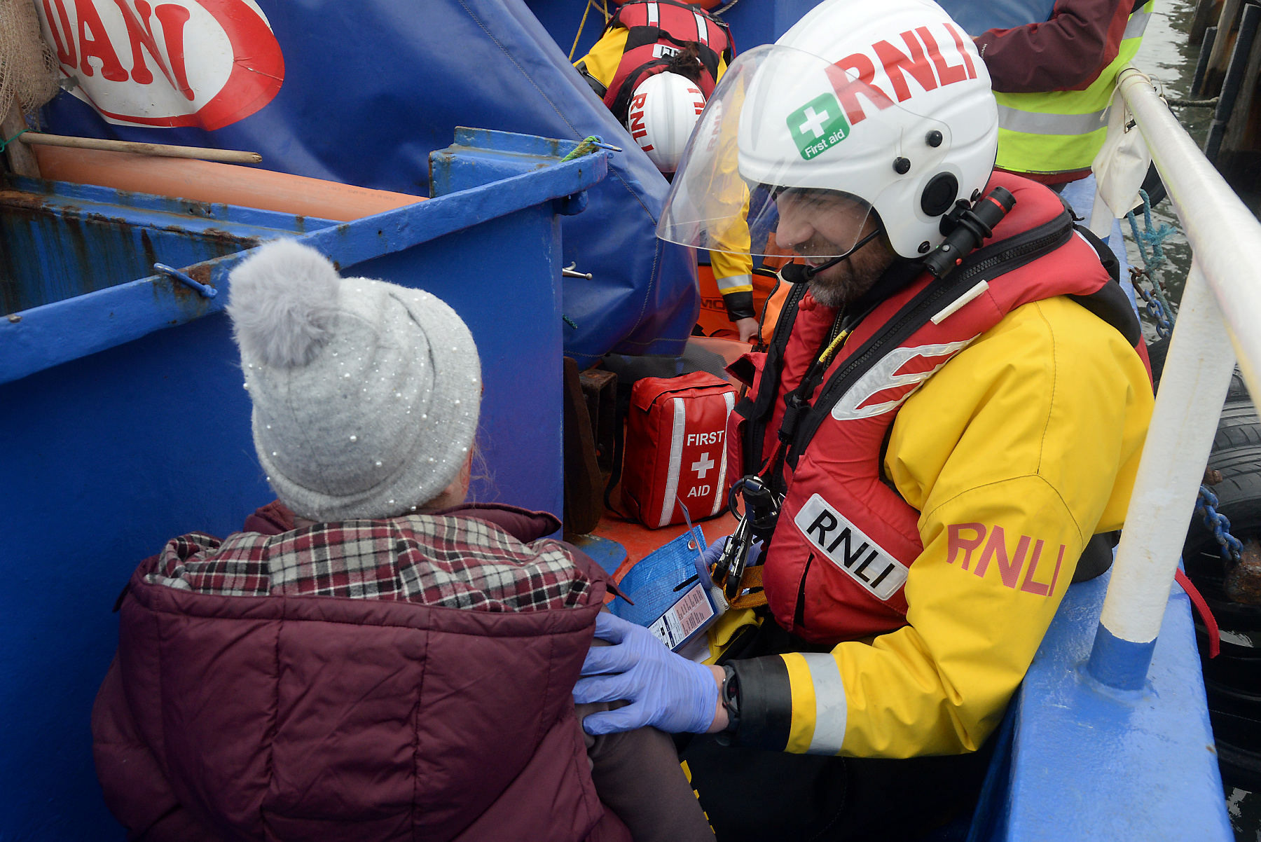 Crewmember Steve Moseley with casualty Natasha White and her simulated injuries during the Whitstable RNLI Dan Davies Exercise.