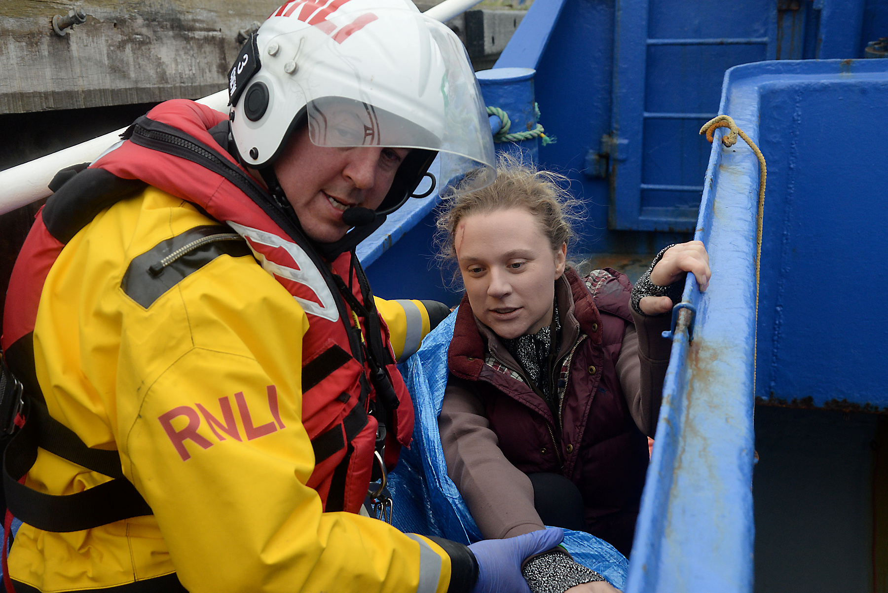 : Ben Spratling keeps casualty (With simulated injuries) Natasha White calm during the Whitstable RNLI Dan Davies Exercise.