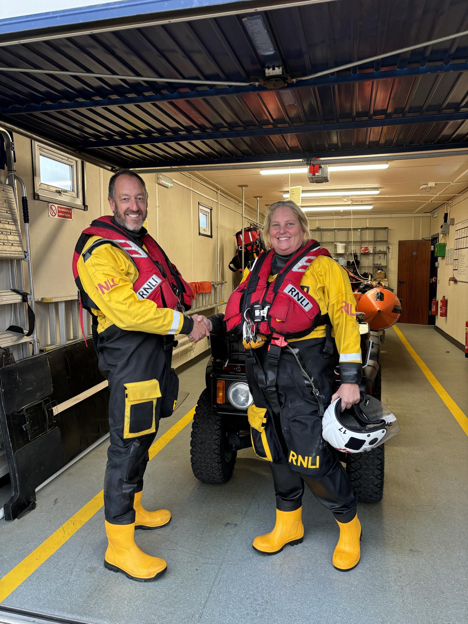 Rachel receiving the good news that she has passed her ILB assessment with flying colours to become the only female helm at Sheerness.