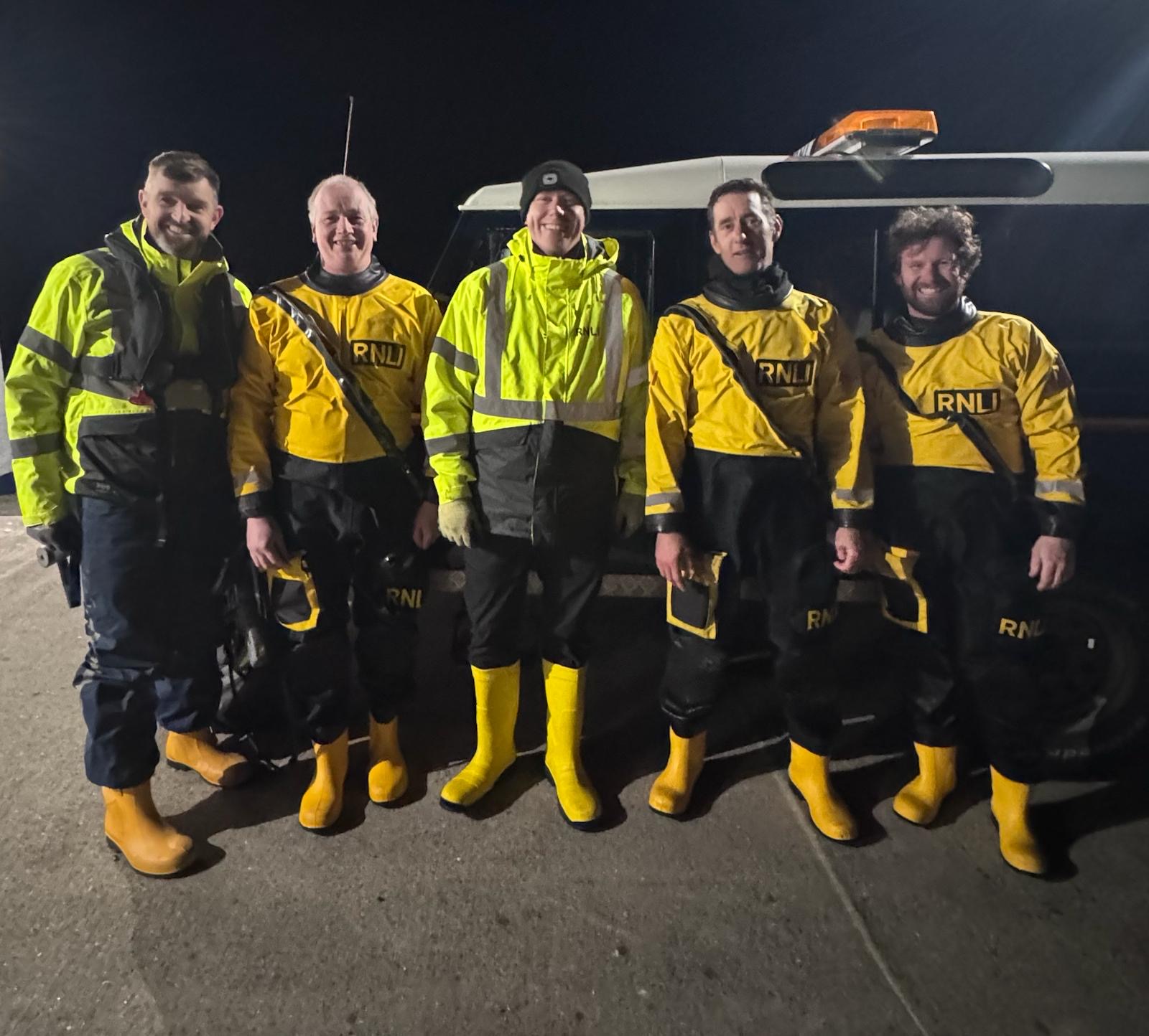 Fethard RNLI volunteers Mark Brennan, shore crew driver, Cathal O’Connell, D class navigator, Gavin Kearns shore crew, Lenny Fourie, Coastal Lifeboat Trainer and Mike Cooper D class crew after the successful assessments