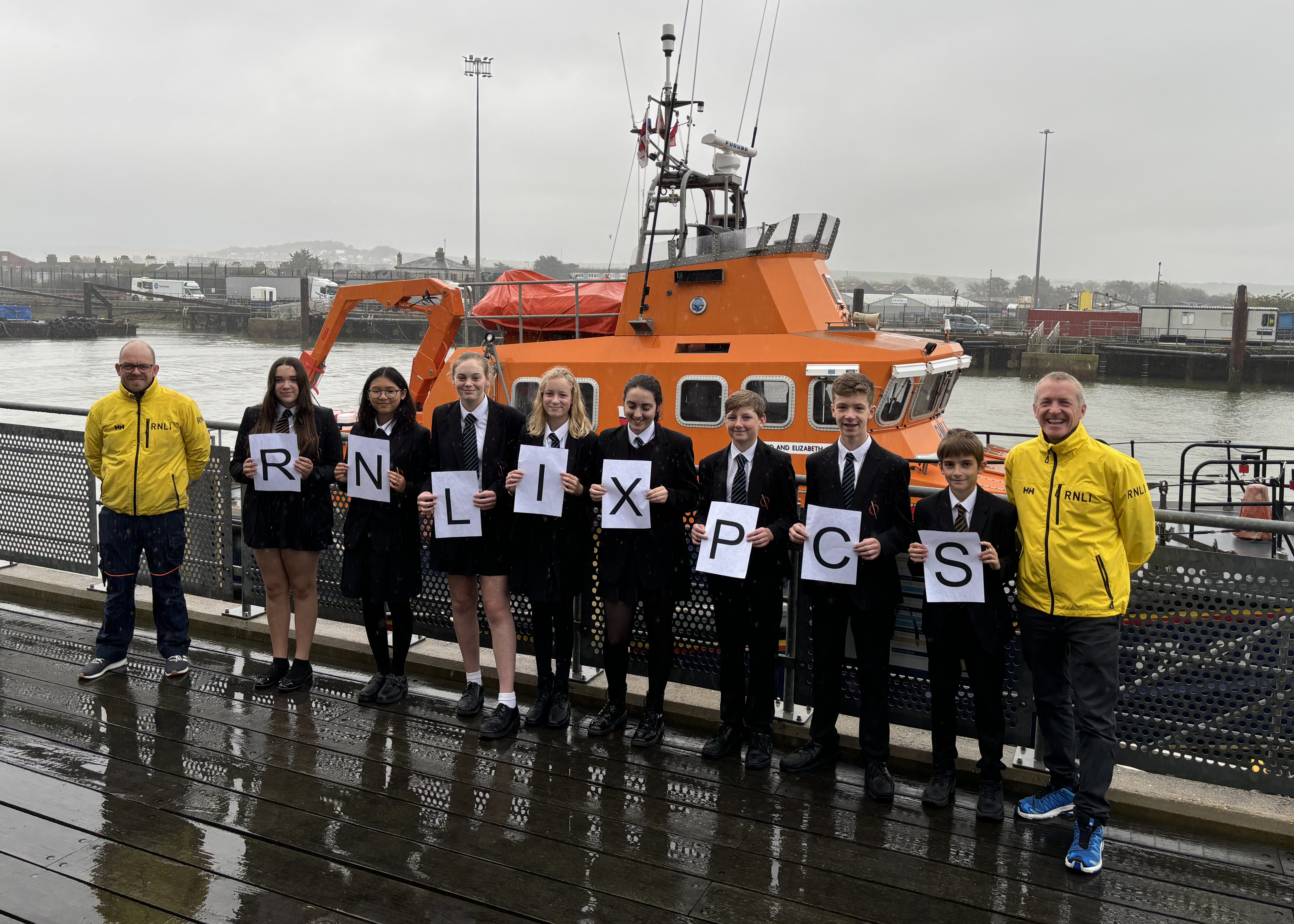 PCS Students with two of our volunteer crew at Newhaven Lifeboat Station