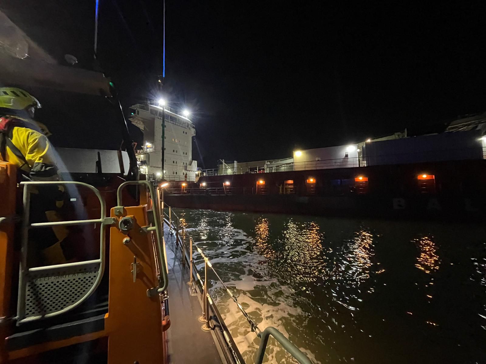 The Sheerness all-weather lifeboat stands by whilst the casualty vessel is made safe.