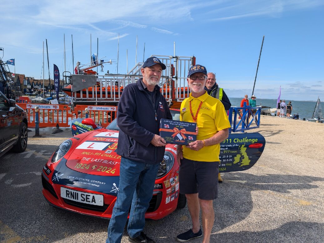 Lifeboat Operations Manager Mike Judge with James Richardson at Whitstable RNLI on Sunday.