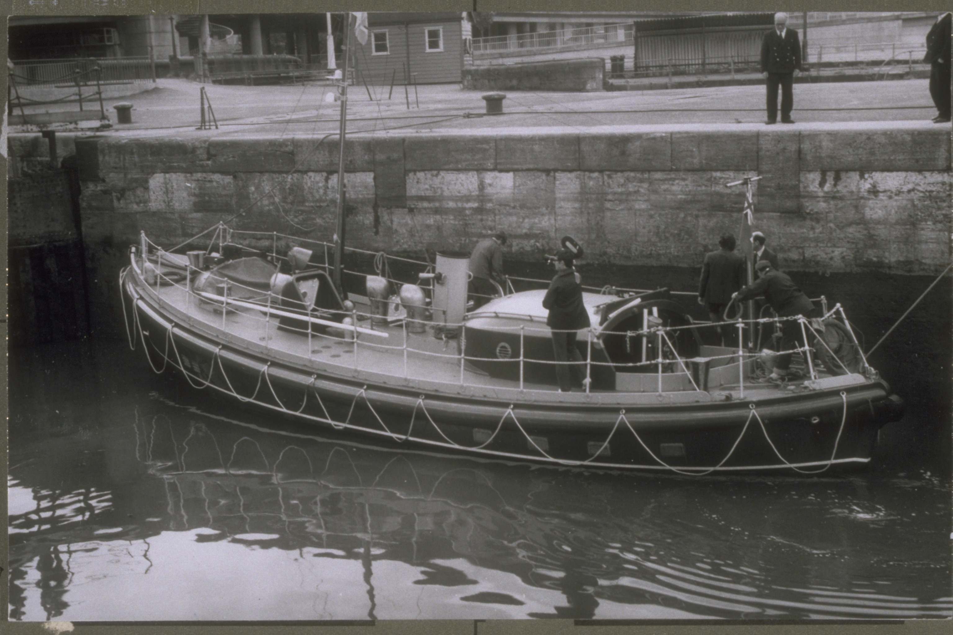 Cromer station. ON 777. Watson Motor class. 'H F Bailey' Lifeboat moored at quayside. Part of the Grahame Farr Archives.