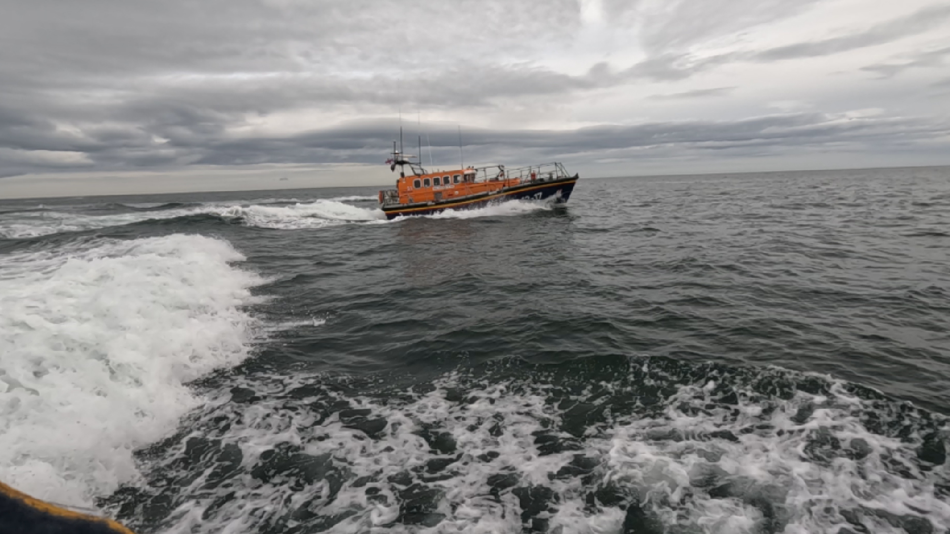 Anstruther RNLI retiring lifeboat leaves Scotland, she is seen travelling south through the waves