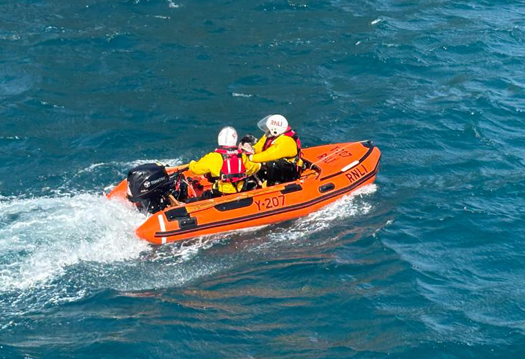 Shows RNLI crewmen rescuing a dog