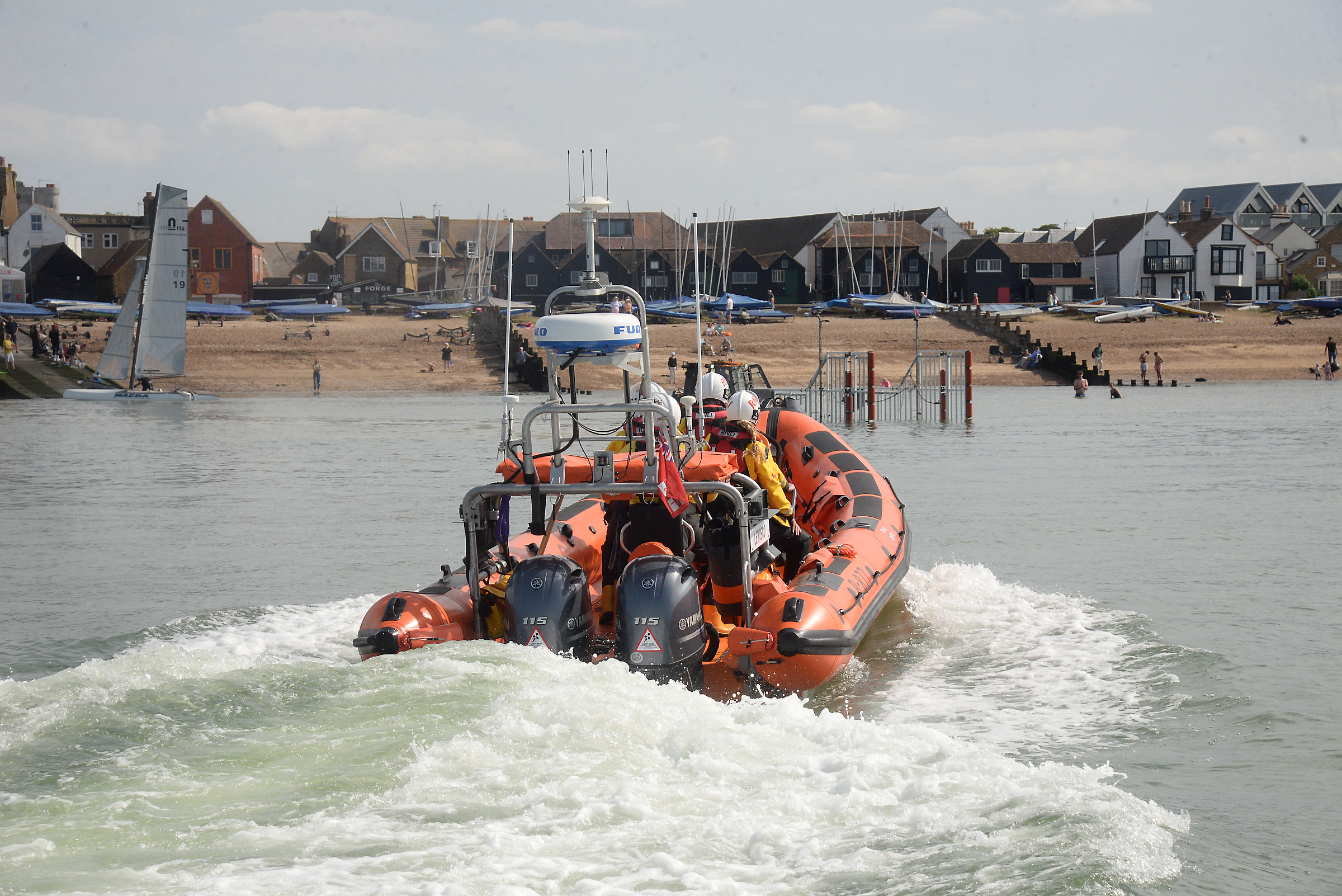 The Whitstable B-Class lifeboat Lewisco returns to station after assisting a 14-foot fishing vessel off Reculver.