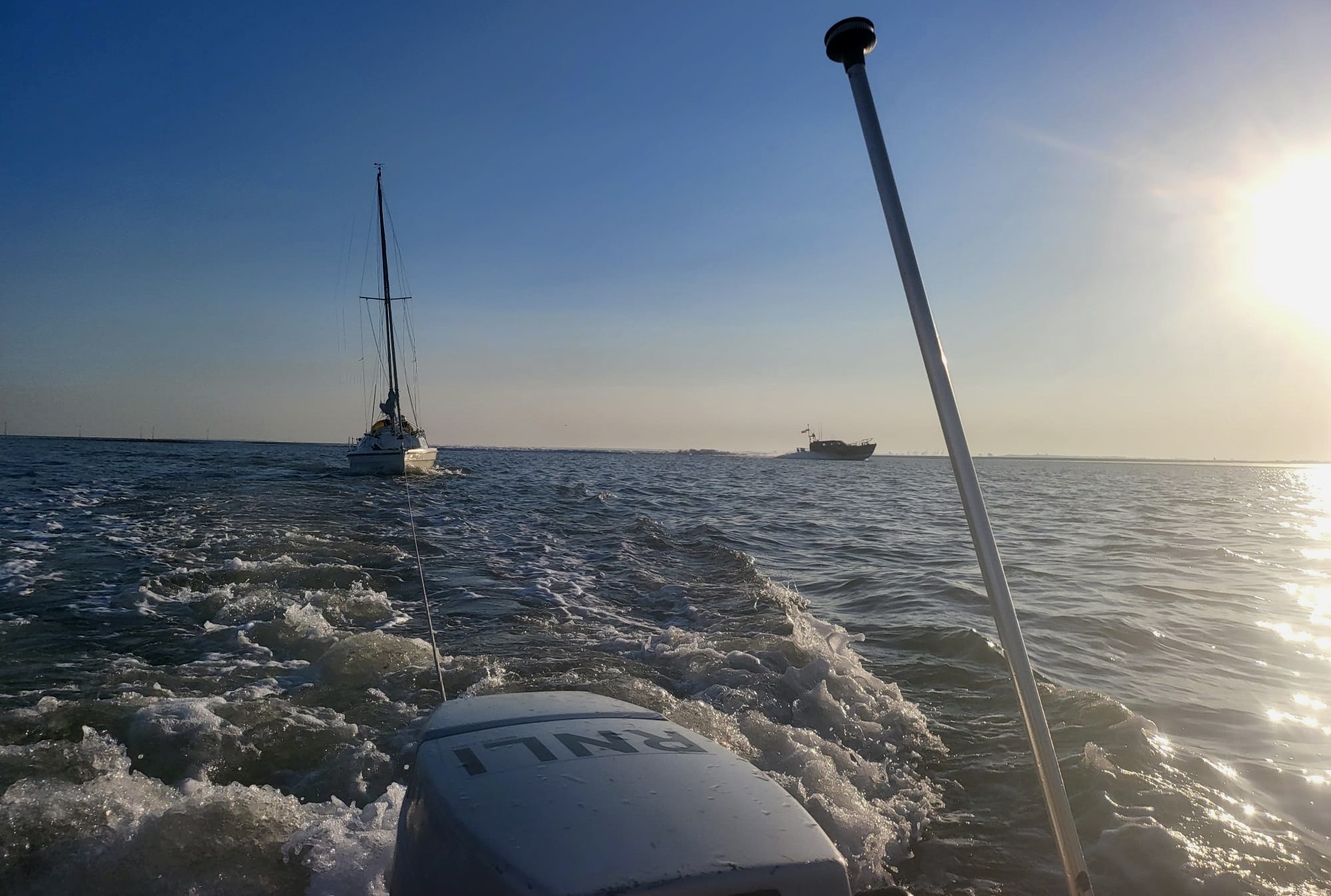 The vessel can be seen getting towed by the D class lifeboat, while the Atlantic lifeboat can be seen in the further distance.
