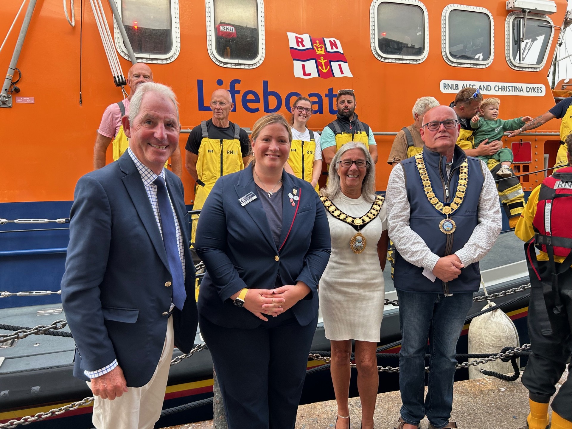 Local dignatories left to right - Councillor Chris Lewis, Helen Lovell-Smith, Councillor Barbara Lewis, Civic Mayor Torbay District Council and Councillor Clive Nicholls, Mayor of Brixham Town Council.