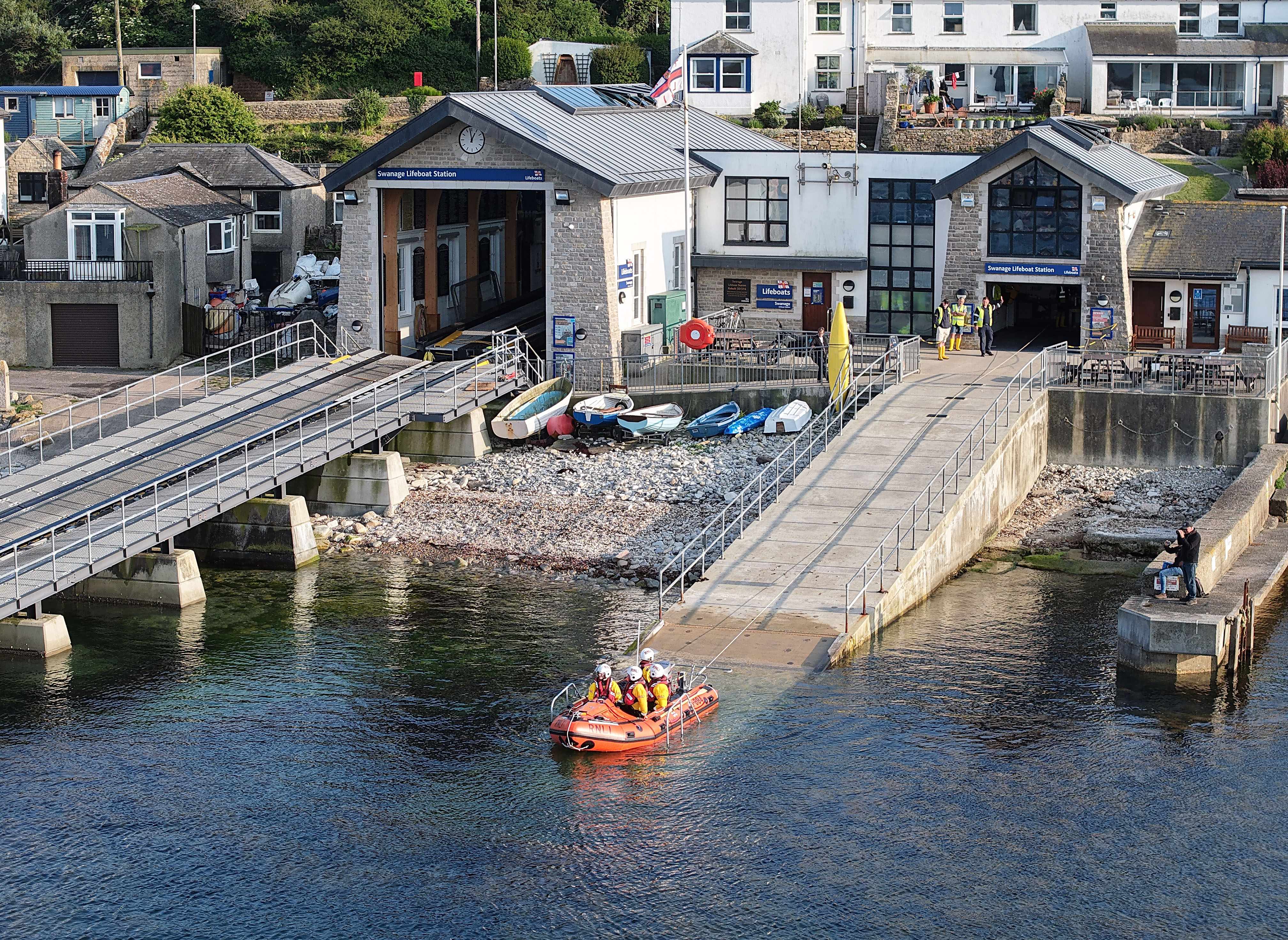 Aerial shot of Swanage inshore lifeboat launching