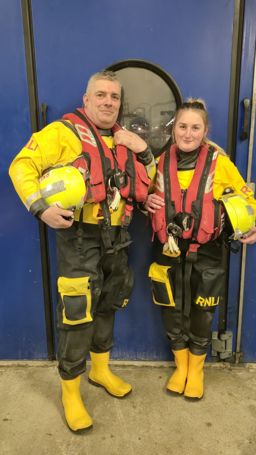 Uncle and niece Andy and Edel Ennis from Wexford RNLI pictured in lifeboat kit at the station