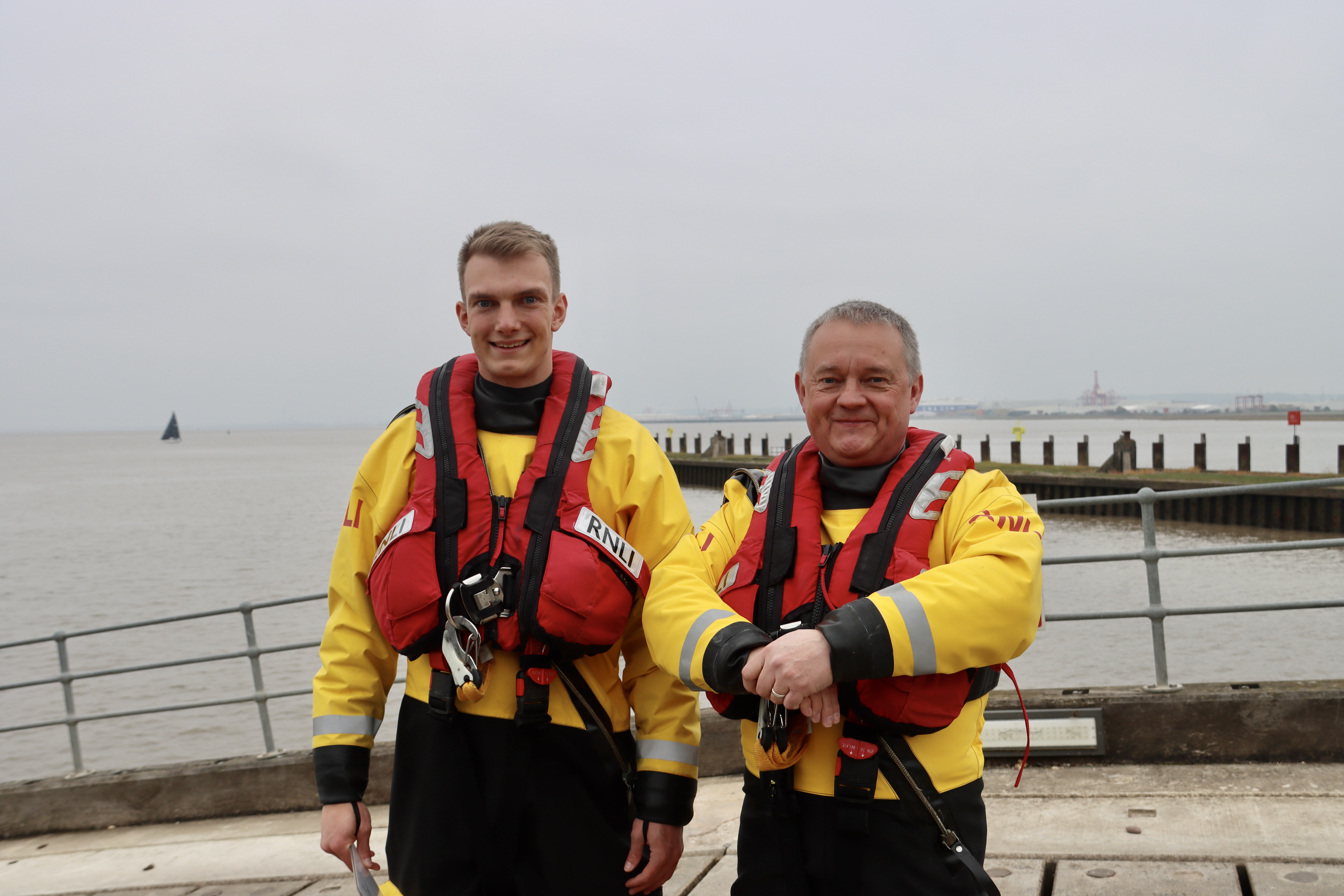 Harry (left) with is father Mike on the launch ramp at the Portishead Lifeboat Station