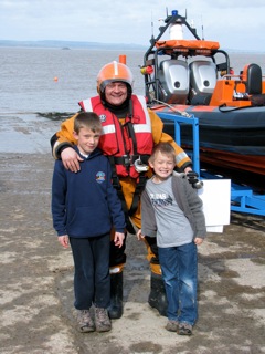 Mike with his sons (Harry left and Charlie right) on the slipway at the old lifeboat station during the Portishead Lifeboat independent days at Sugar Loaf beach.