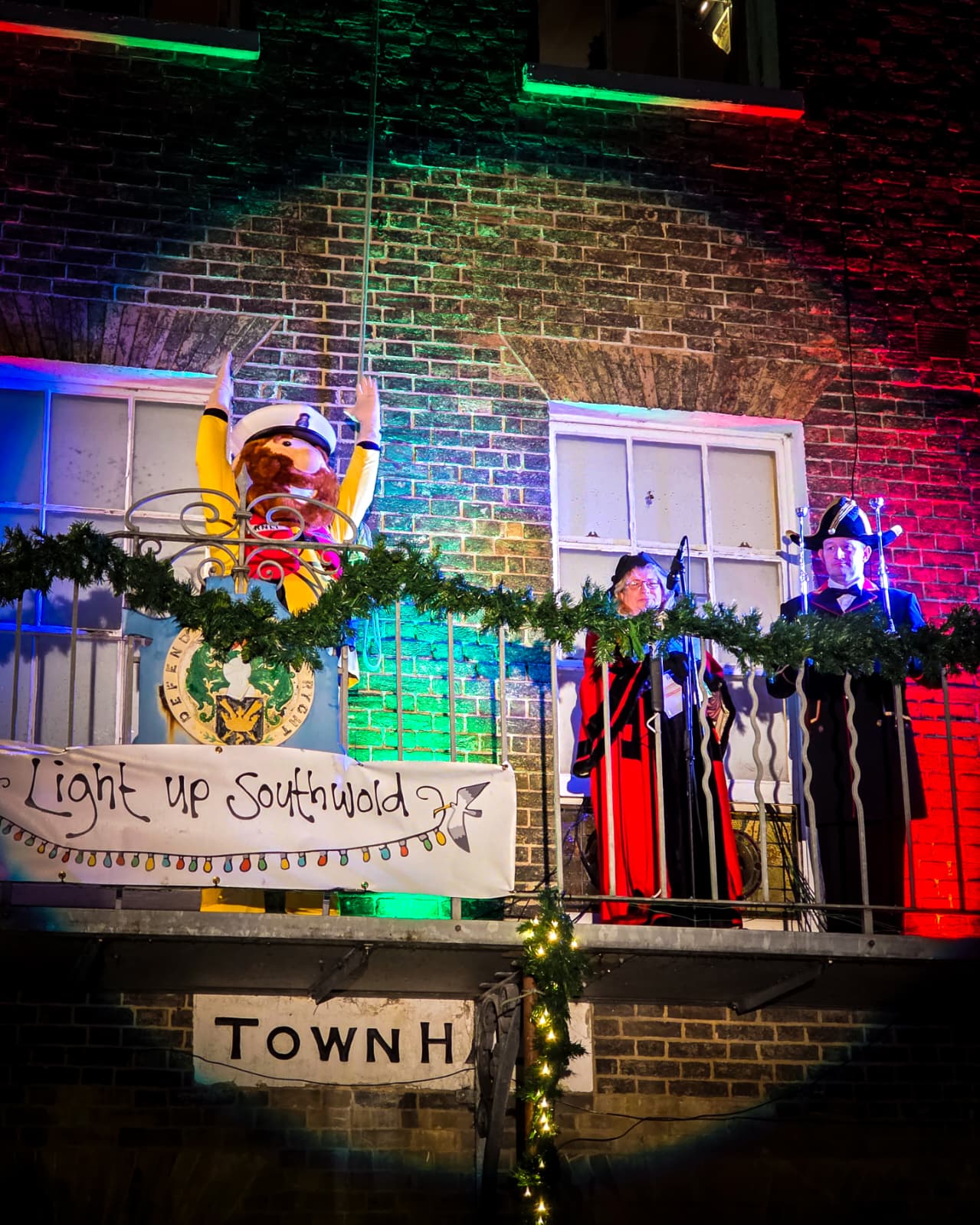 Stormy Stan warms up the crowd on Southwold town Hall balcony ahead of the Christmas Lights switch on.