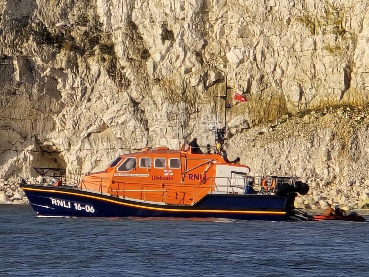 Ramsgate Tamar class lifeboat and Y boat in front of cliffs 