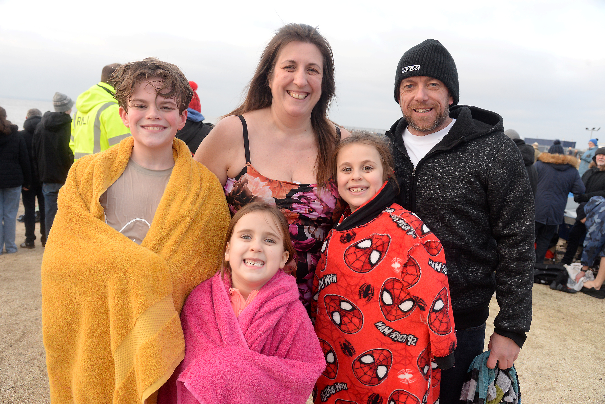 Luka Galway (12), Cassia, five and Eddison Bray, eight with Clare Bray and Dave Galway at the Boxing Day Sponsored Dip at Whitstable RNLI.