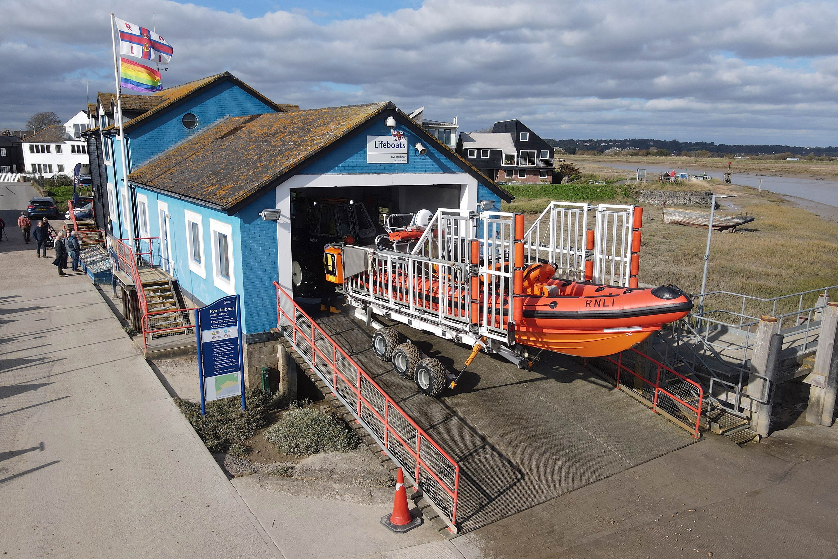 Rye Harbour RNLI's Atlantic 85 outside Rye's Boathouse