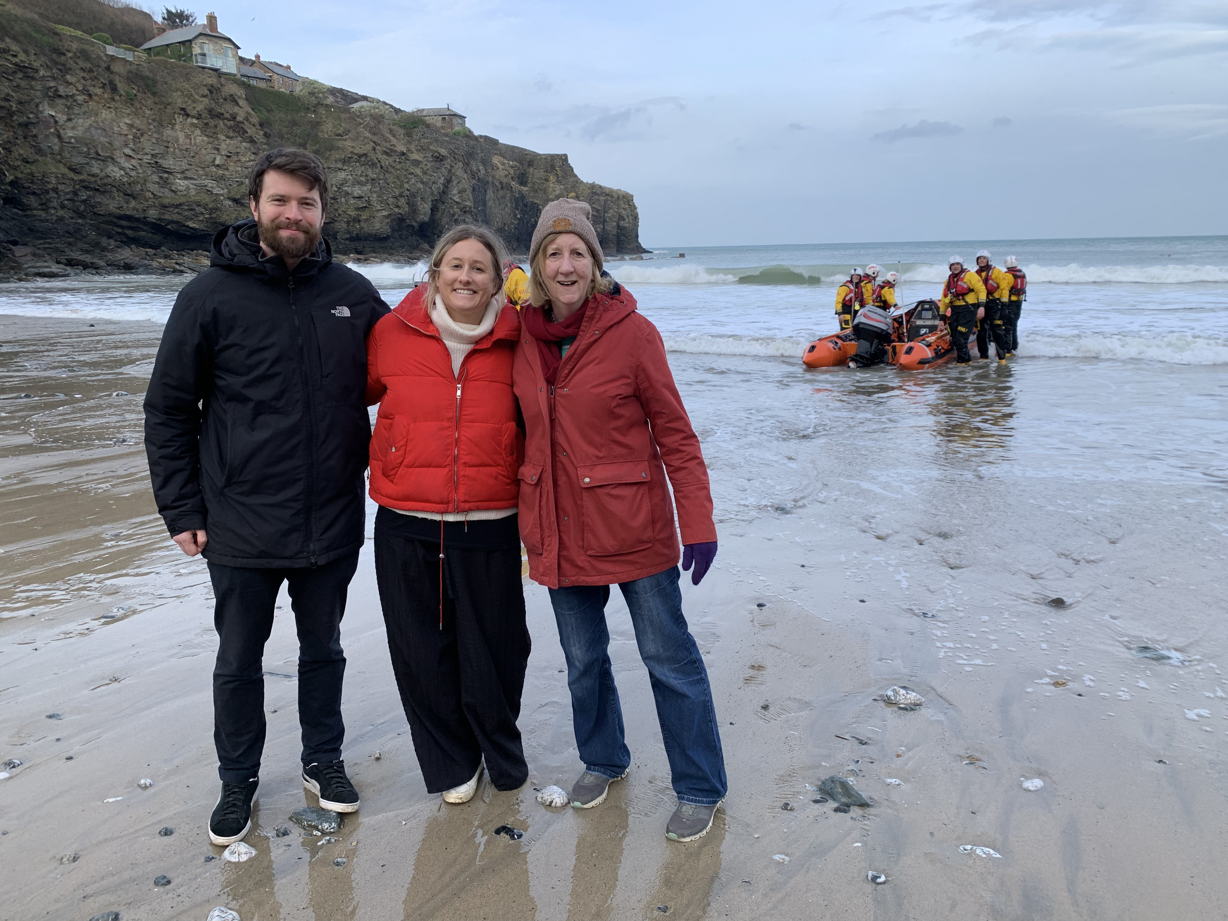 Visiting St Agnes RNLI training (from left to right) Chucky, Sara and Fiona Crossley