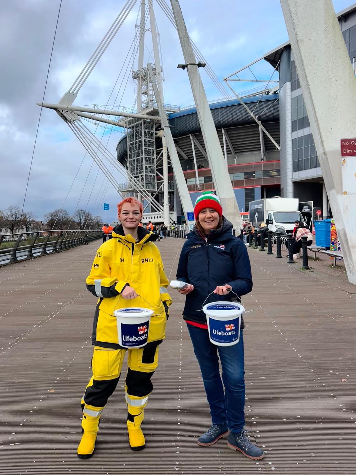 The photo is of the new Chair, Olivia Harrison bucket collecting outside the Principality Stadium with volunteer crew member Katie Phillips