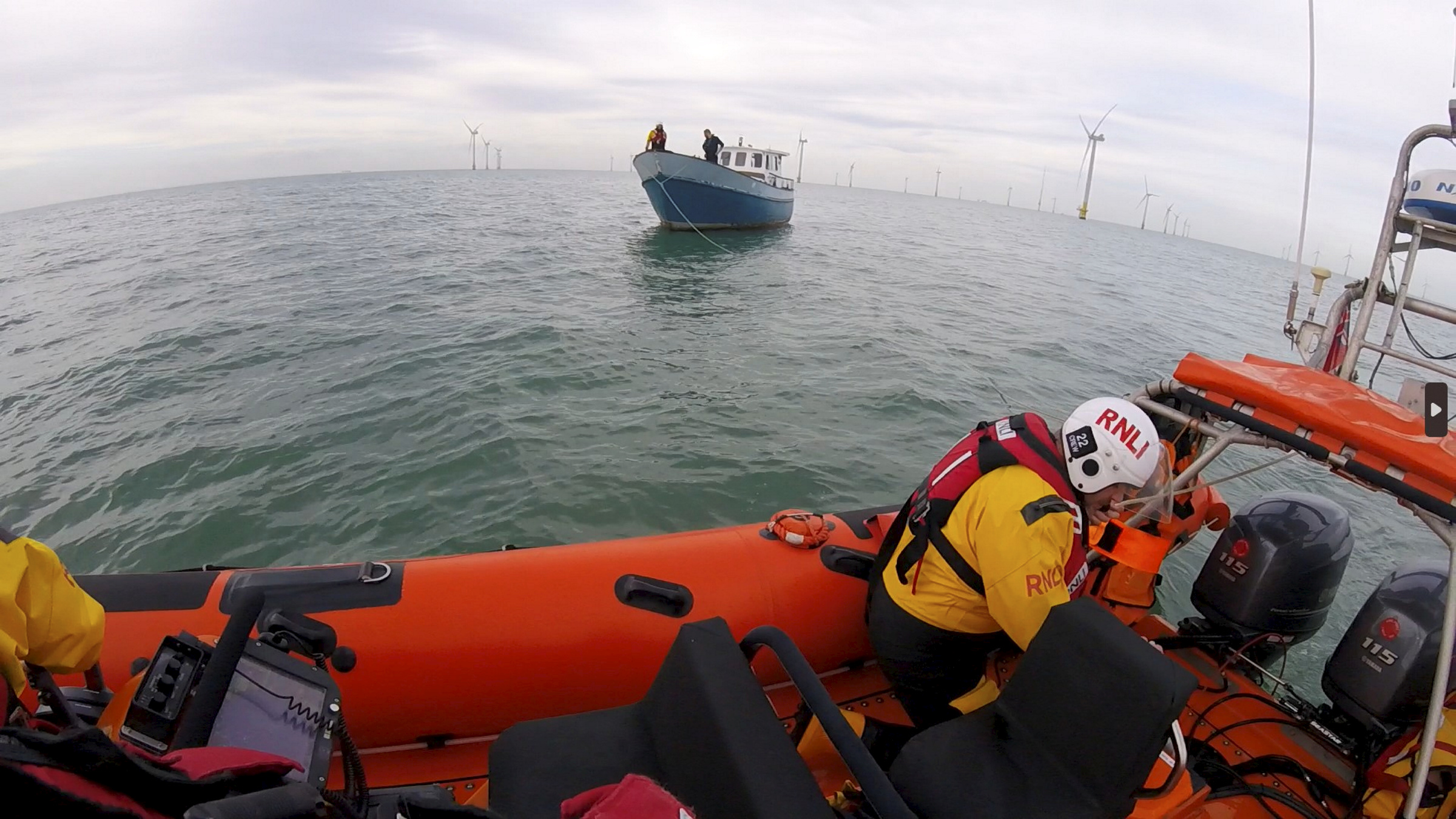Whitstable lifeboat (Relief B-Class Martin Frederick Whitehouse) takes the motor cruiser under tow for the harbour on Saturday afternoon.
