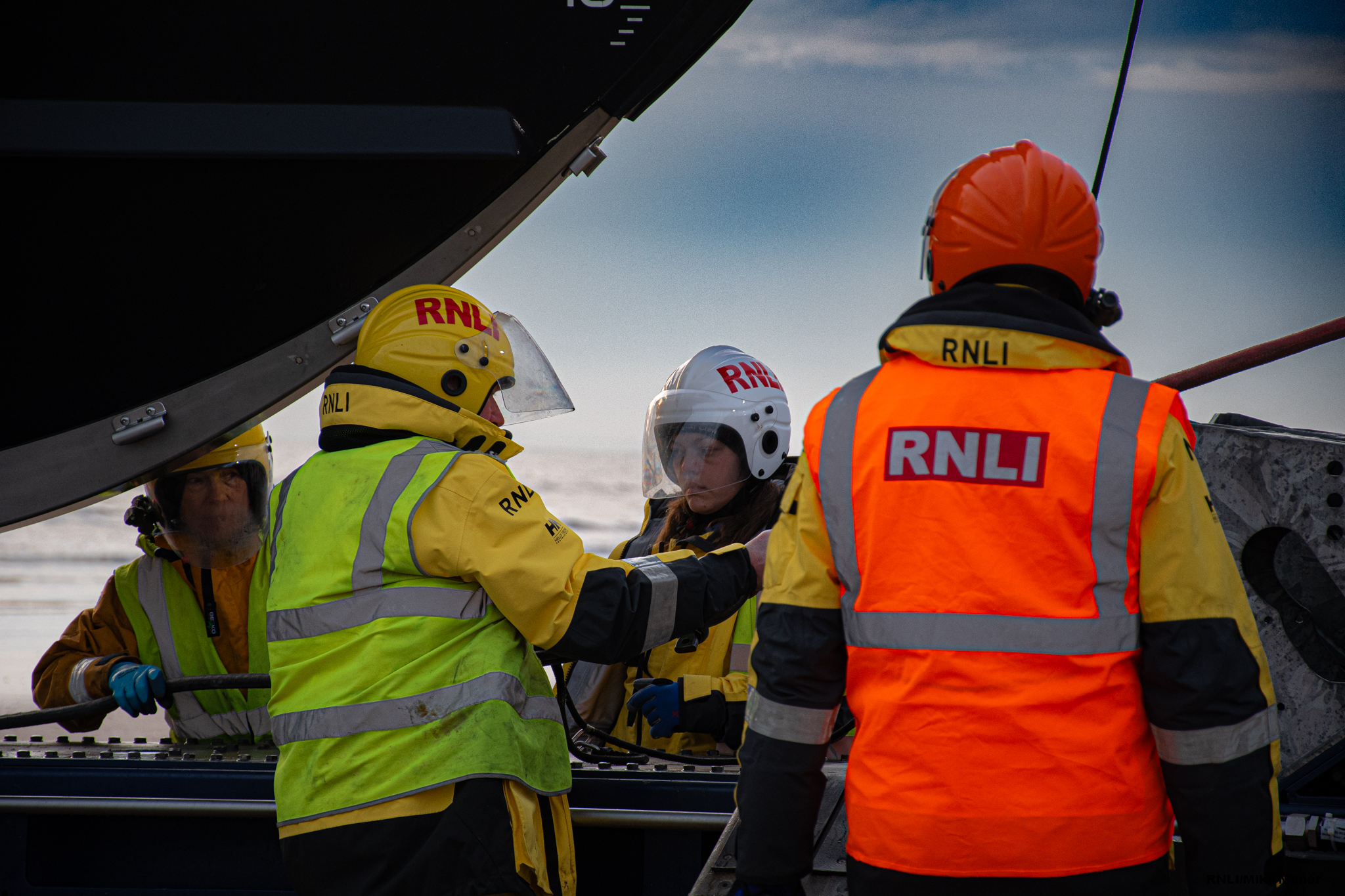 Bridlington RNLI volunteers recovering the all-weather boat after all night tasking.