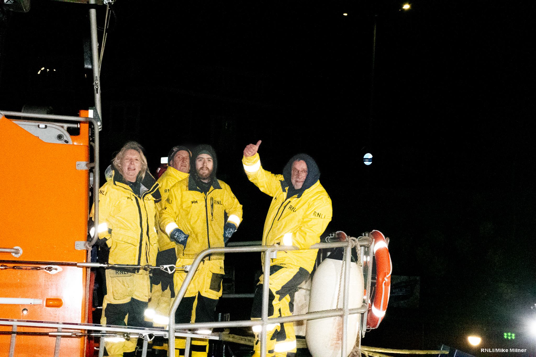 The volunteer crew of Bridlington RNLI retuning after long tasking to fishing boat.