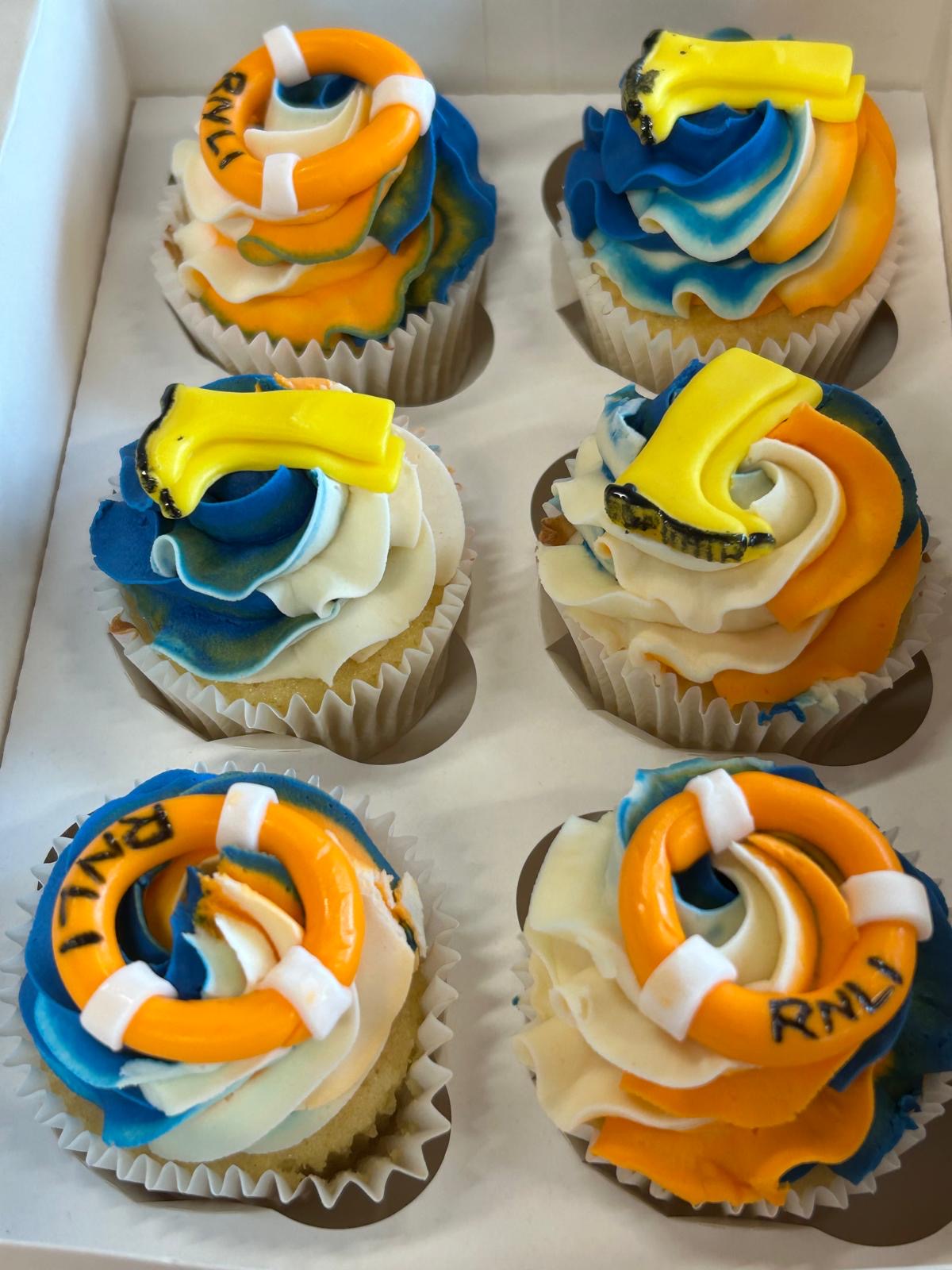 RNLI themed cupcakes with yellow wellies 