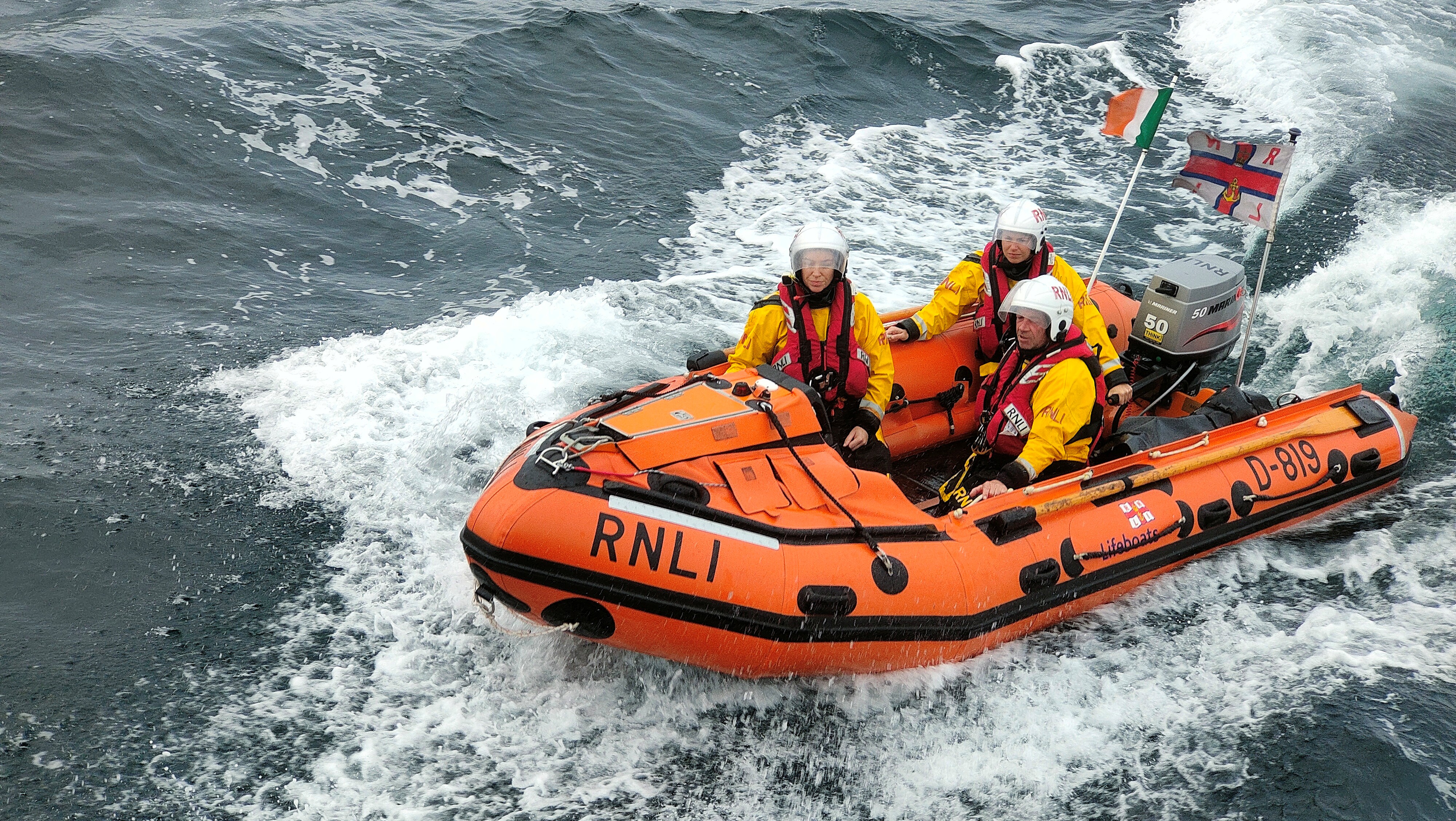 Fethard RNLI D class Lifeboat Naomh Dubhán and volunteer crew at sea.