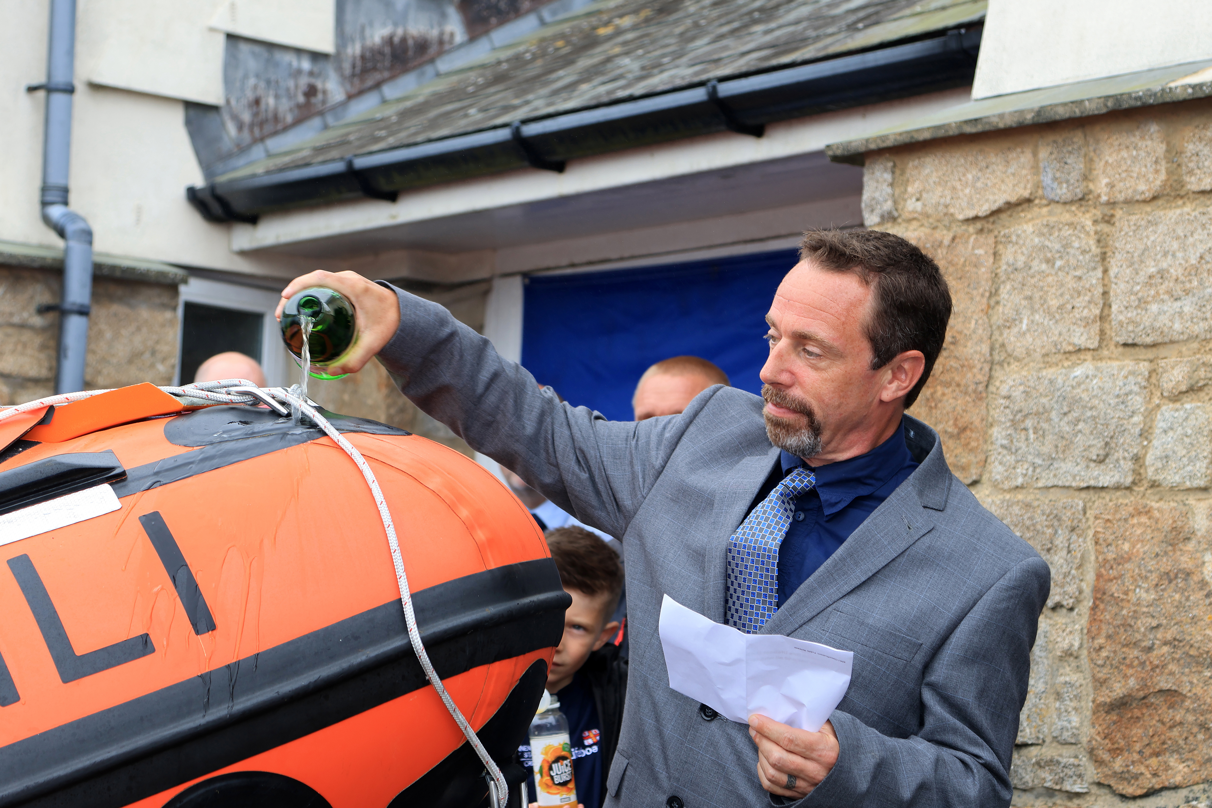 Steve Butcher christening D class ILB 'Arangy' at Sennen Cove on 5th July 2025
