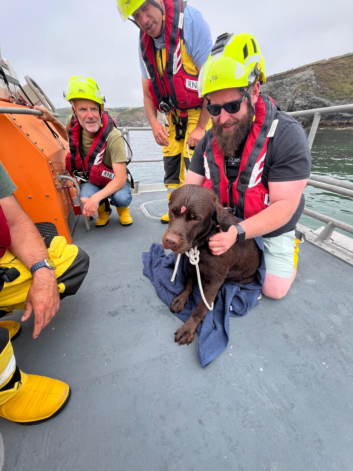 Picture shows Lifeboat volunteers with Nuymeg the dog
