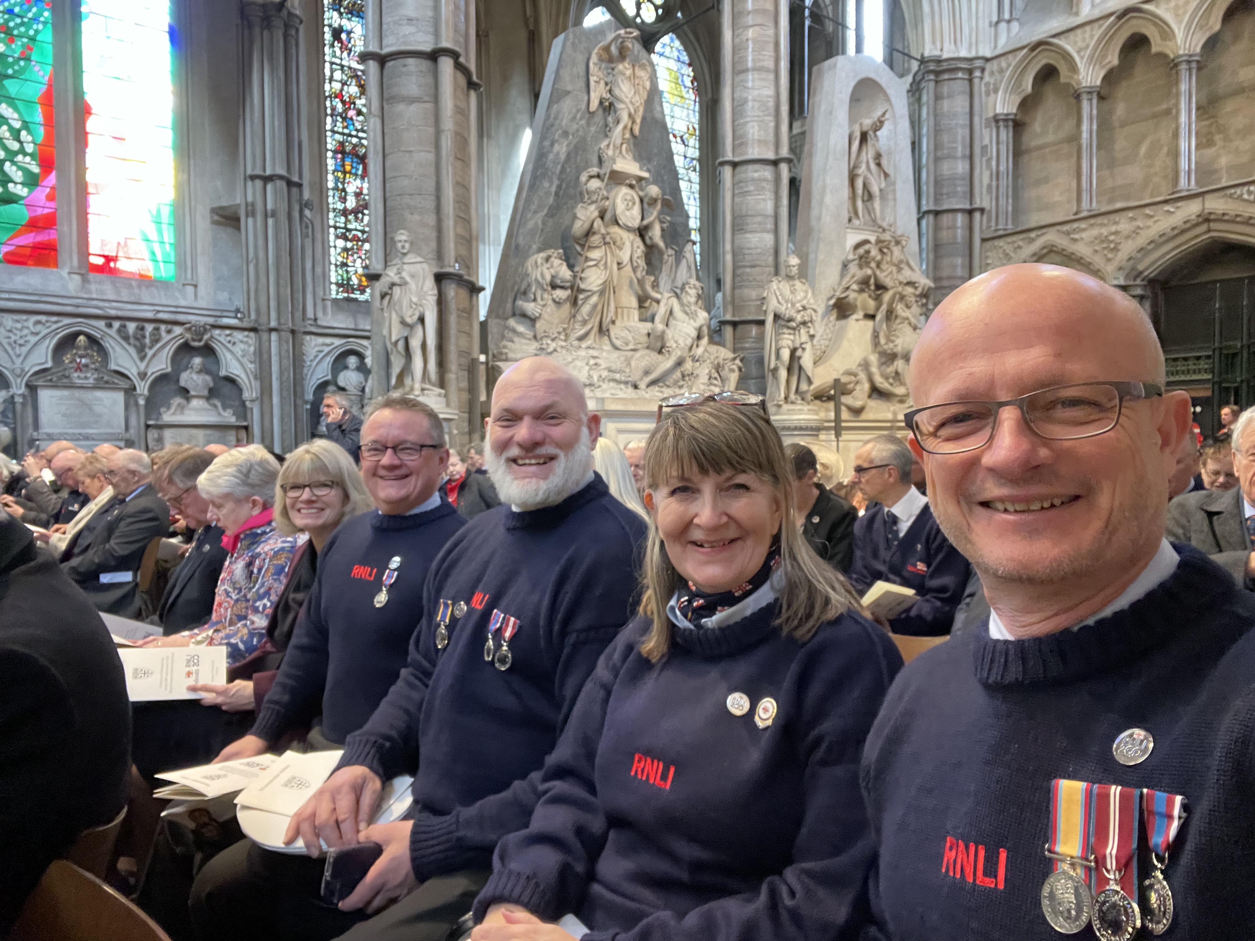 Neil (3 from left) with other volunteers from the Portishead lifeboat station attending the service of remembrance at Westminster Abbey in 2024, celebrating 200 years of the charity