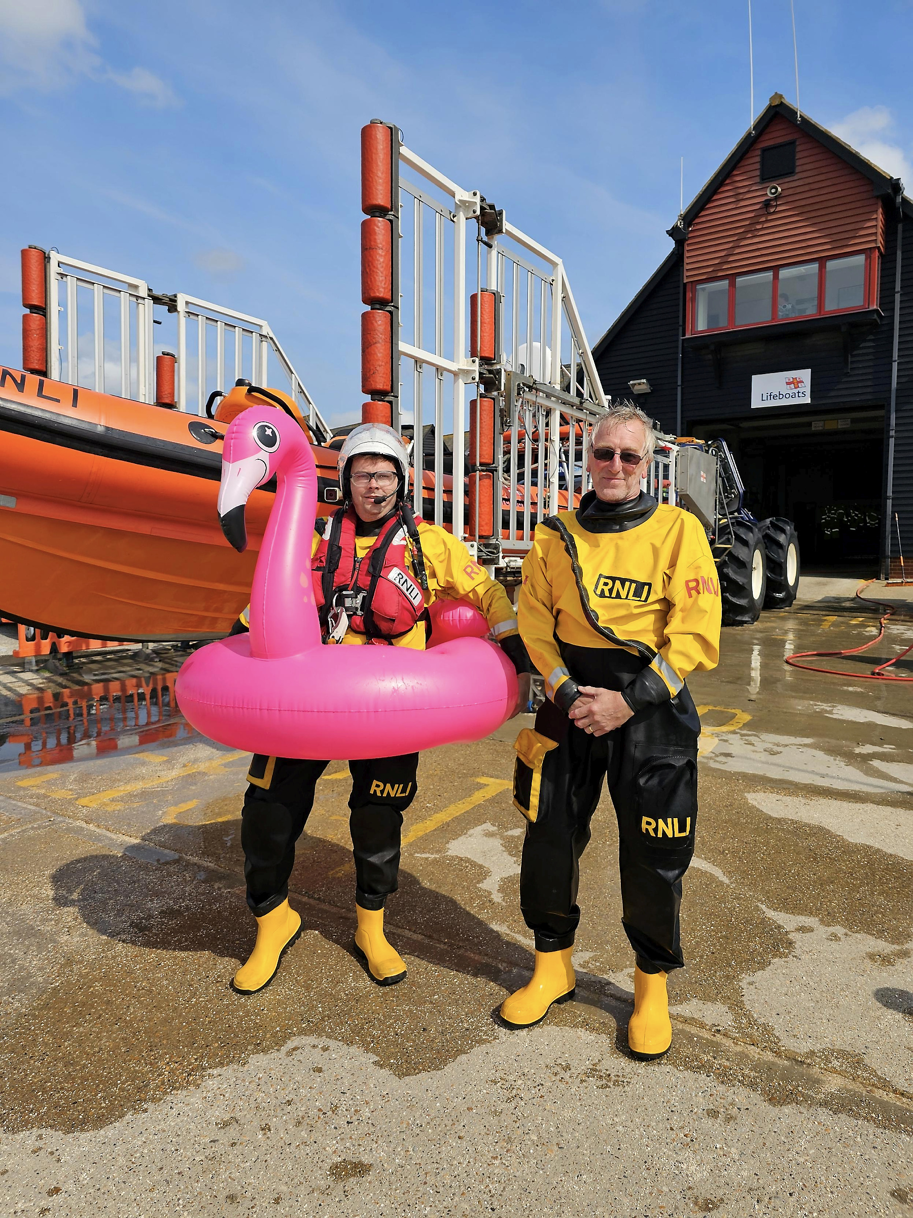 Crew Sam Turner and Helm Dave Parry with the inflatable beach toy recovered a 1/2 mile offshore from Leysdown, Isle of Sheppey on Monday afternoon.