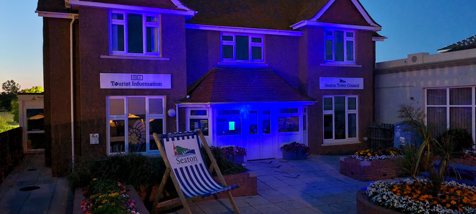 Building lit by blue lights