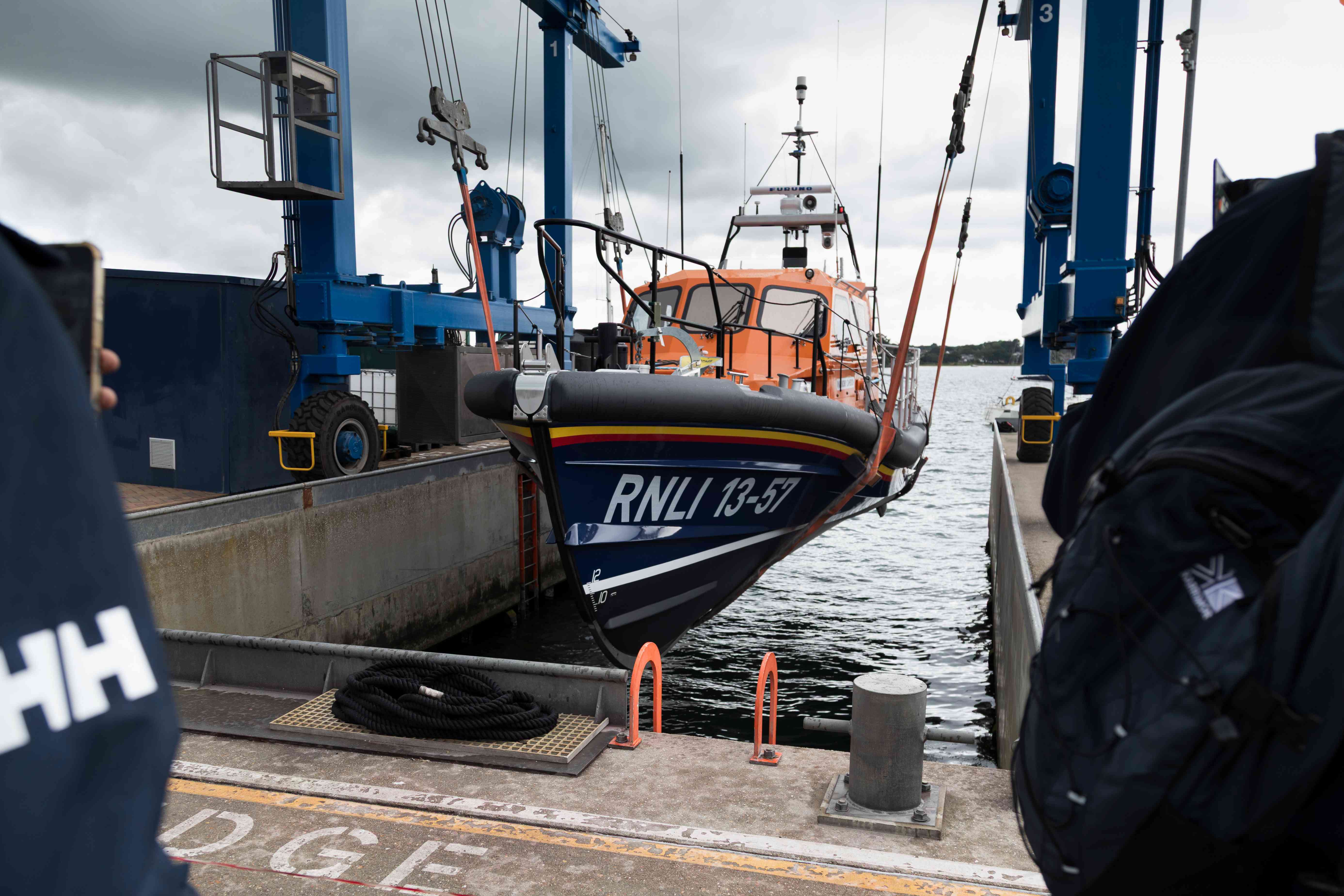 Kilkeel RNLI's new Shannon class lifeboat being lowered into the water for the first time