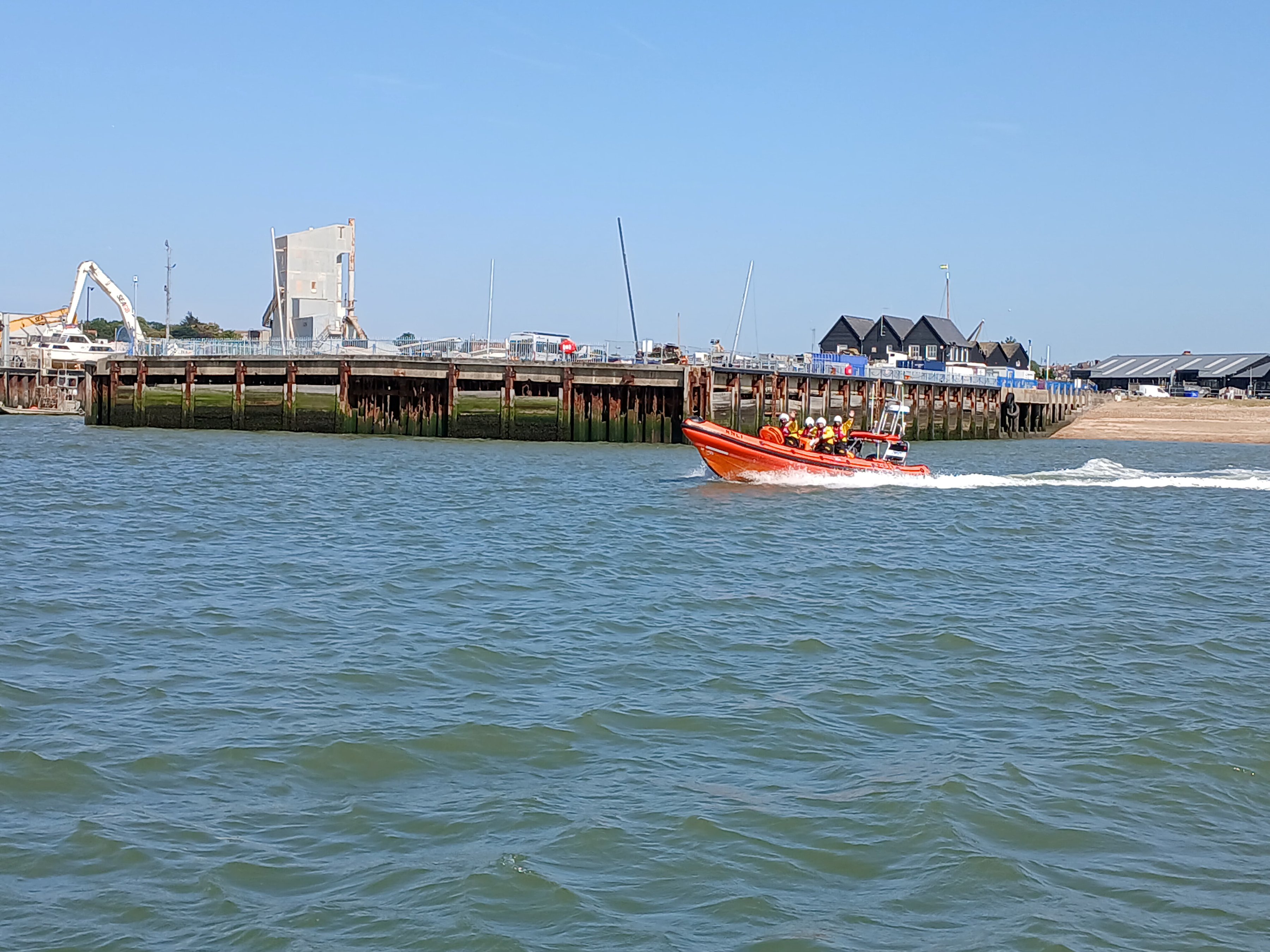 The Whitstable B-Class Lifeboat Lewisco heads off to assist the casualty vessel in the entrance to Faversham Creek on Thursday afternoon