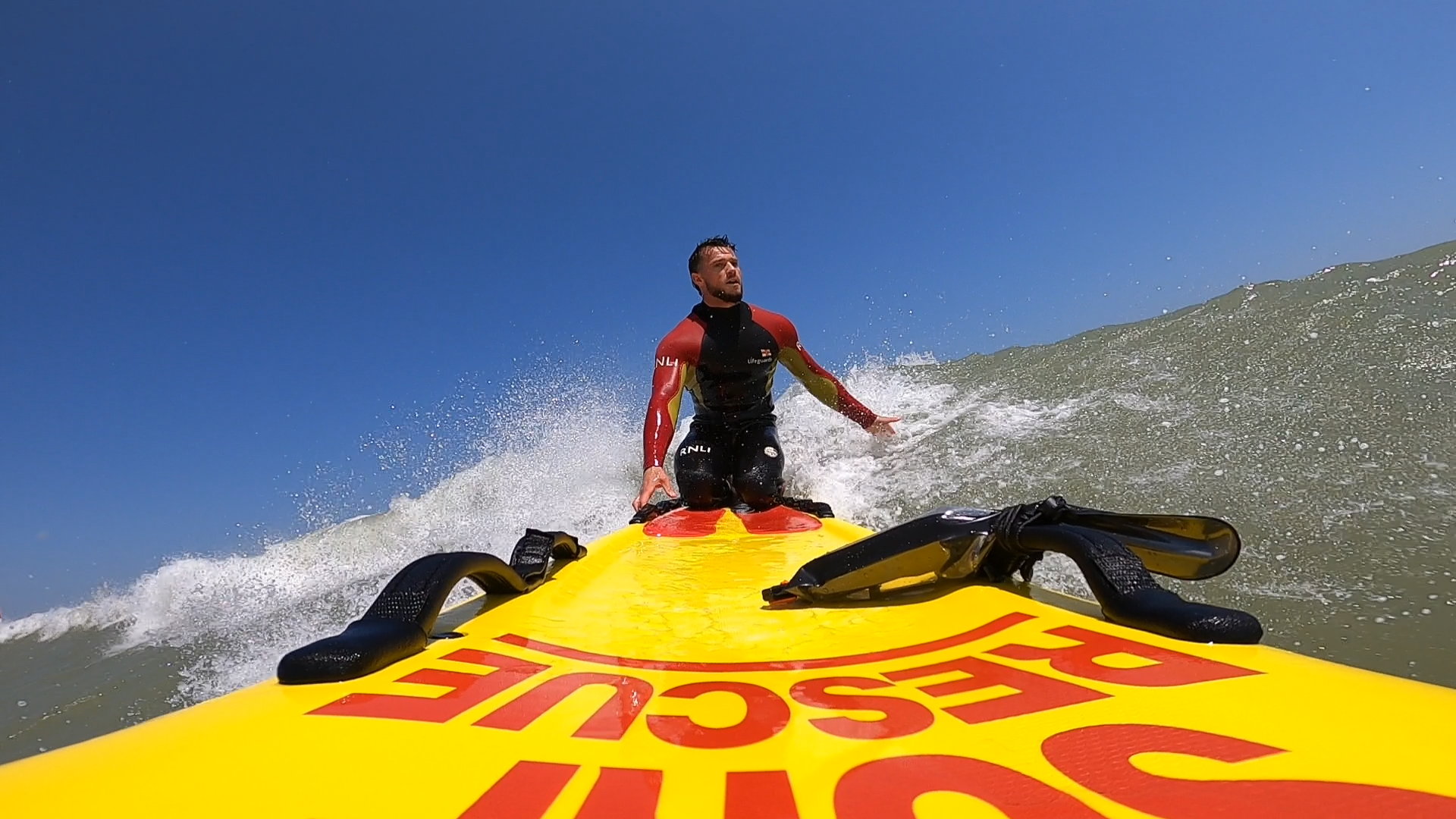 Ramsgate lifeguard training on rescue watercraft (RWC) and rescue board in 2024. Blue skies and sunny.
