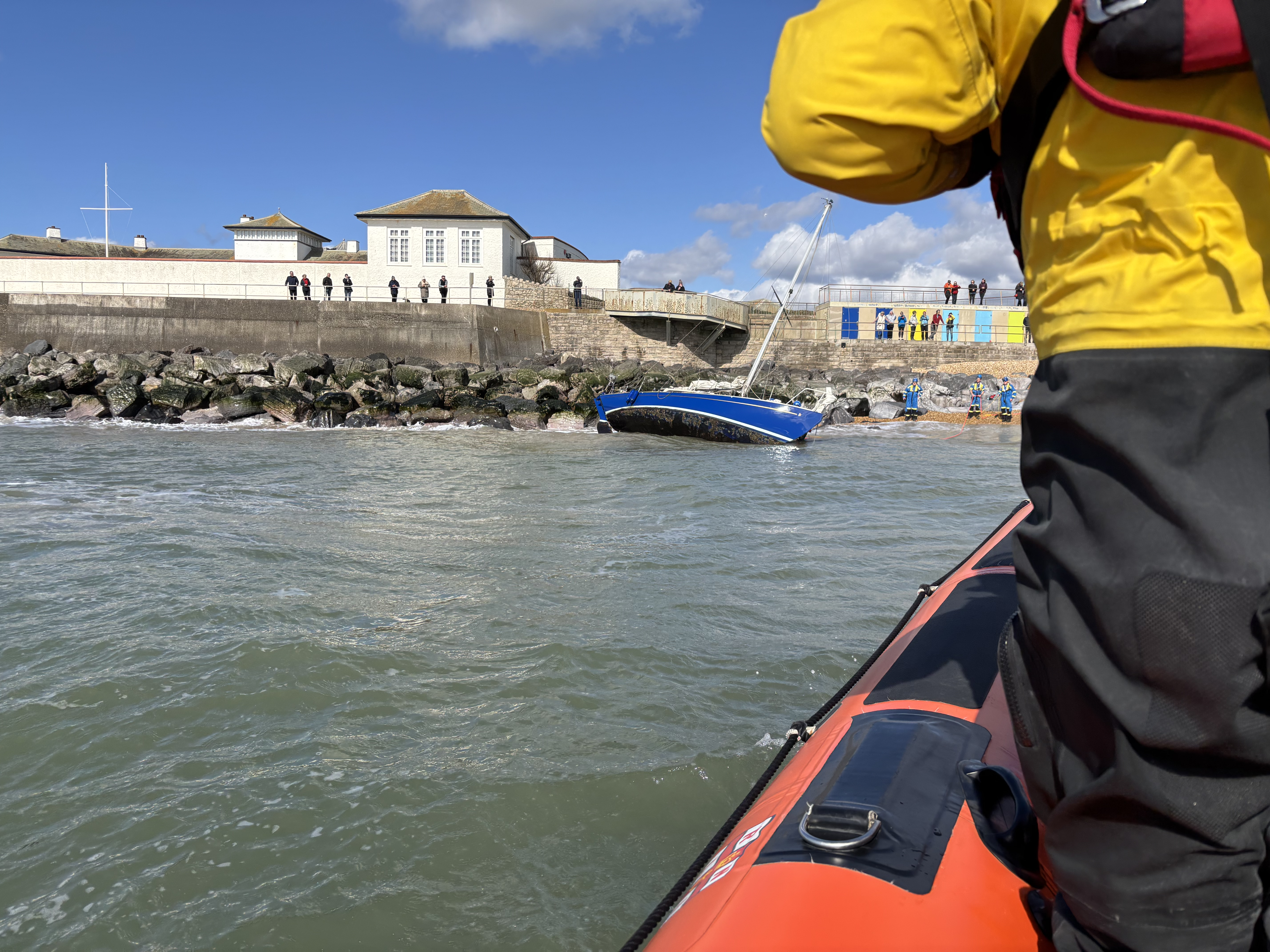 View from Lymington Lifeboat of beached yacht at Milford-on-Sea