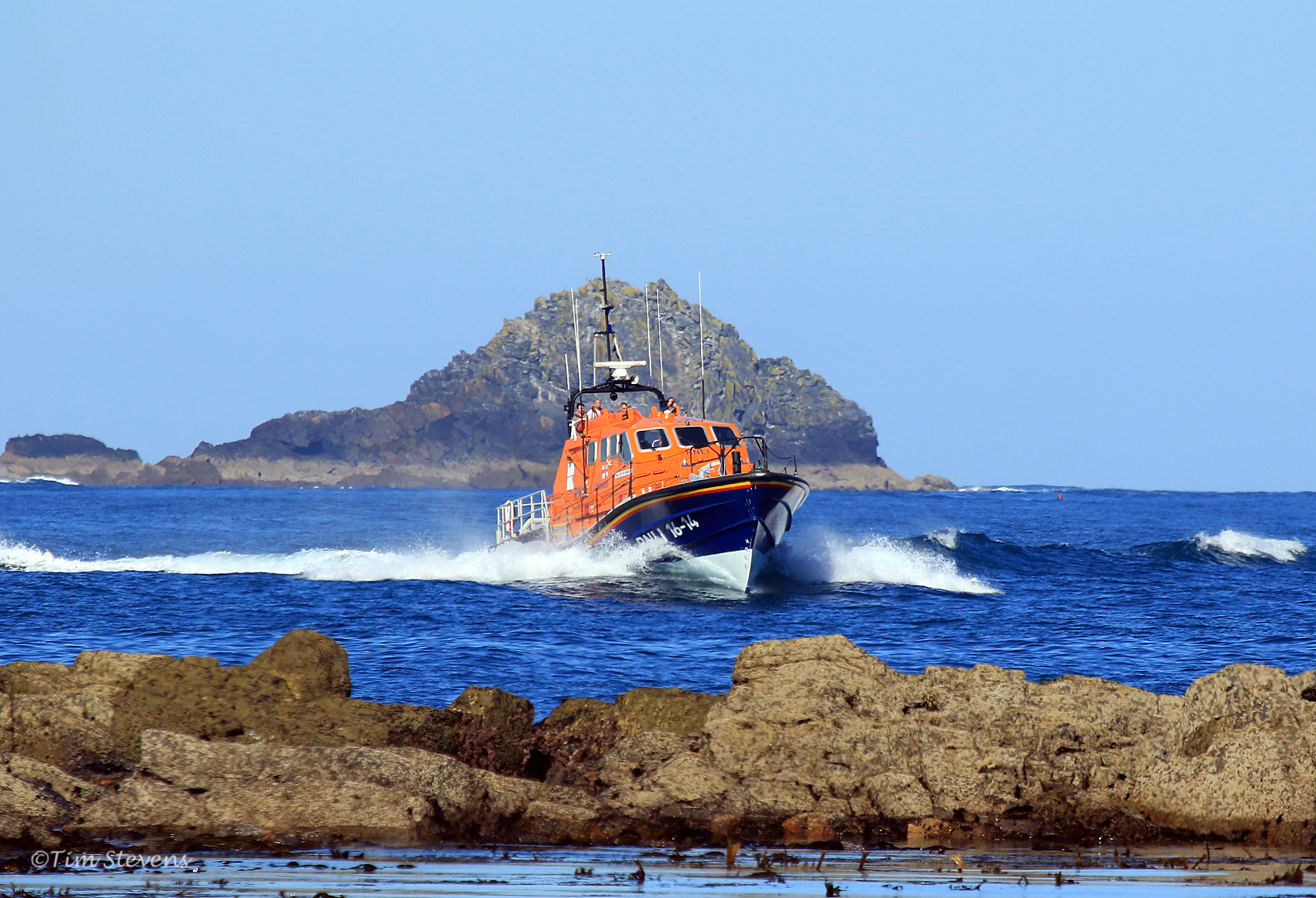 Sennen Cove Tamar Class Lifeboat ' City of London III' returning to Sennen Cove with Cowloe rocks in the forground and the Brisons in the background. Taken on a previous occasion.