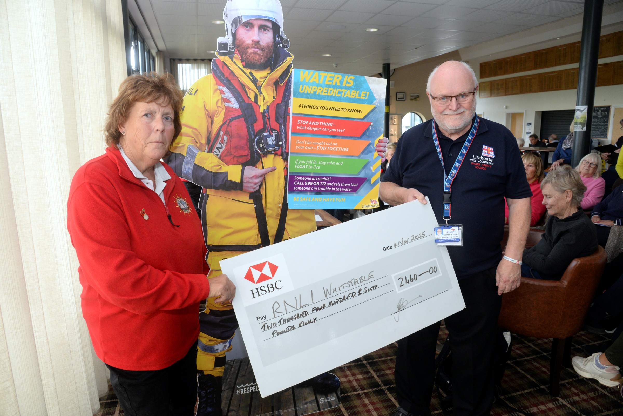 Whitstable and Seasalter Golf Club Ladies Captain Karen Fowler presents the cheque for £2460.00 to Area Water Safety Officer Gerry Skinner at the golf club on Tuesday morning.