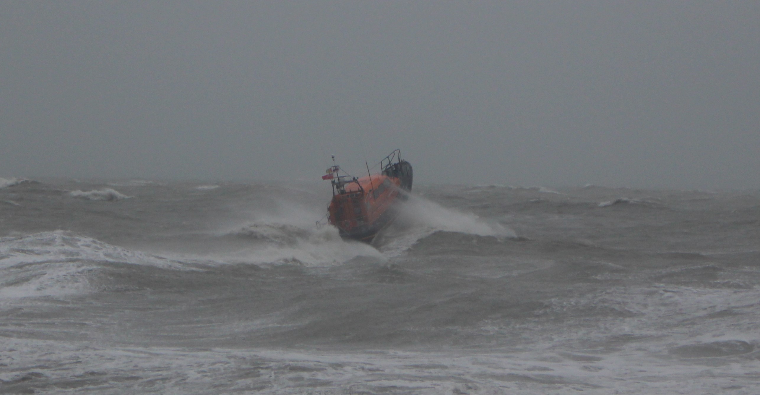 Hastings lifeboat in rough weather in Storm Ciara
